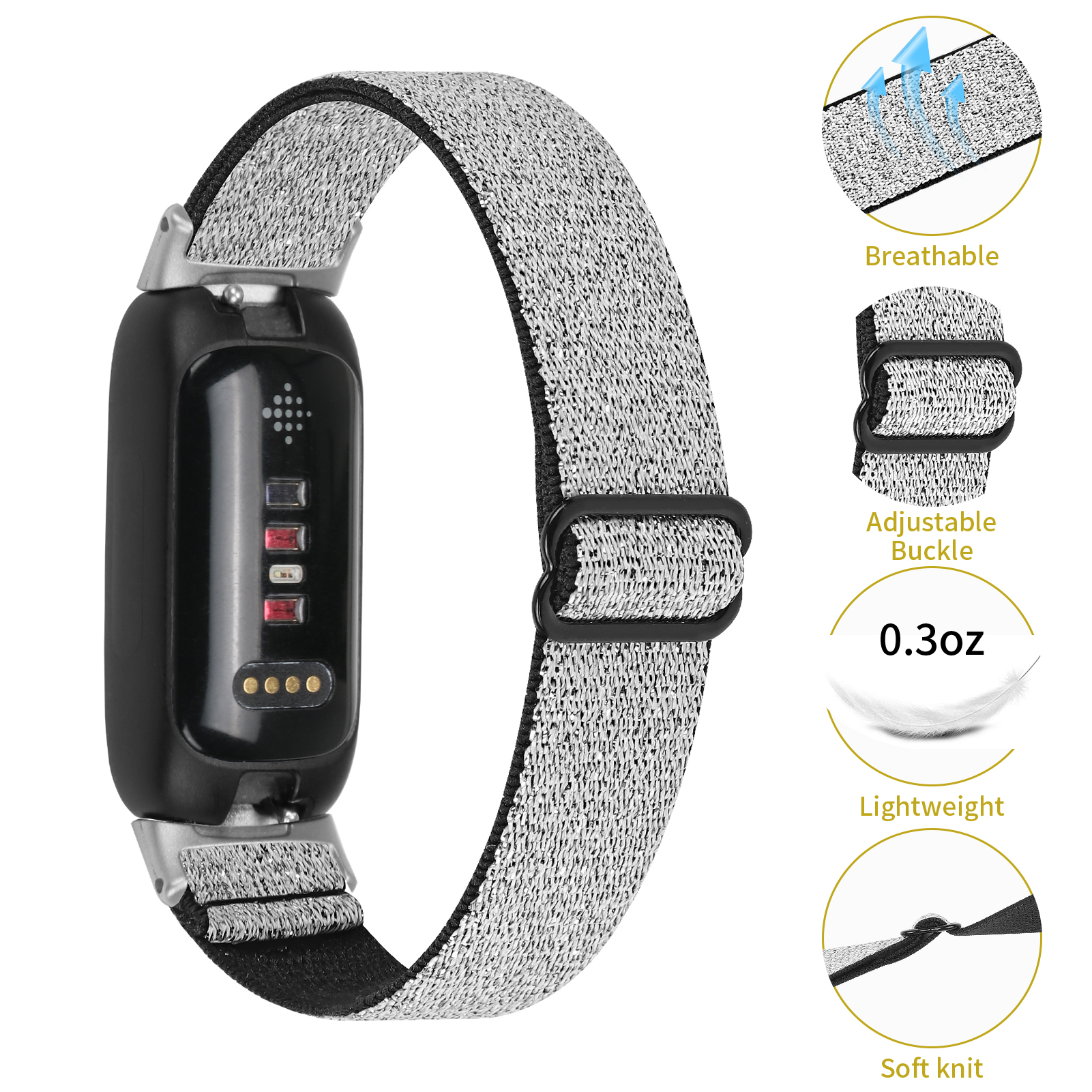 Smartwatch-Armband mit silbernem und grauem Webmuster. Merkmale sind verstellbare Schnalle und leichtes Design.