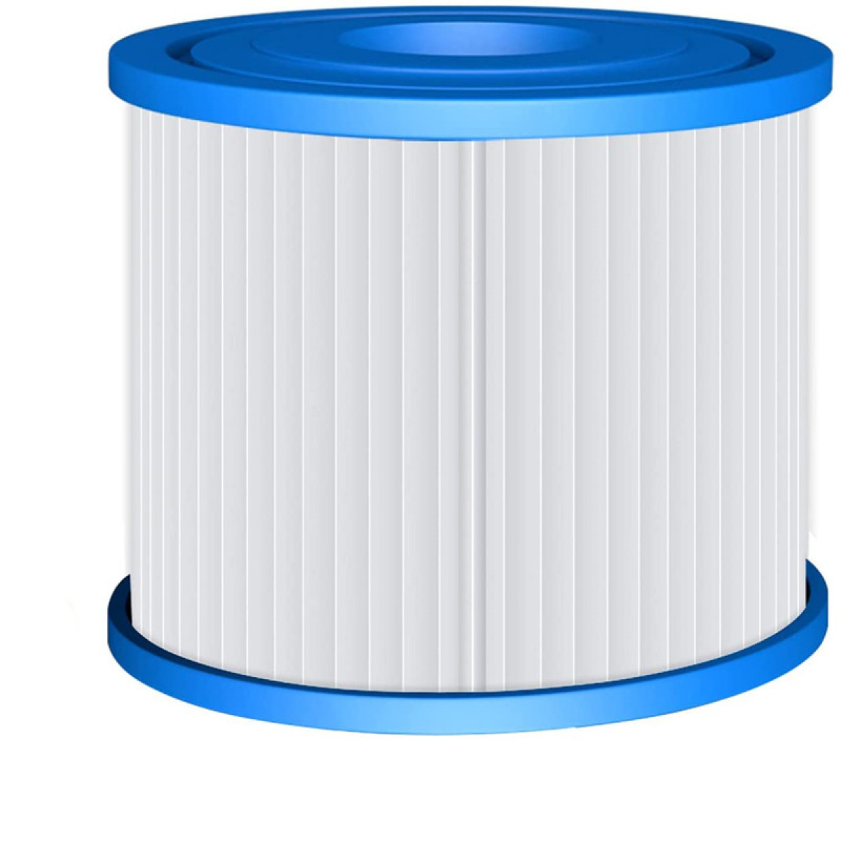 Zylindrische Filterpatrone in Weiß und Blau. Blauer Deckel und Boden. Weißes, plissiertes Filtermaterial.