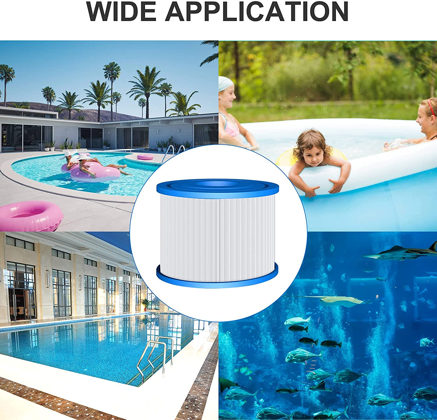 Ein Filter wird in einem Pool, in der Nähe eines Schwimmbeckens und in einem Aquarium gezeigt.