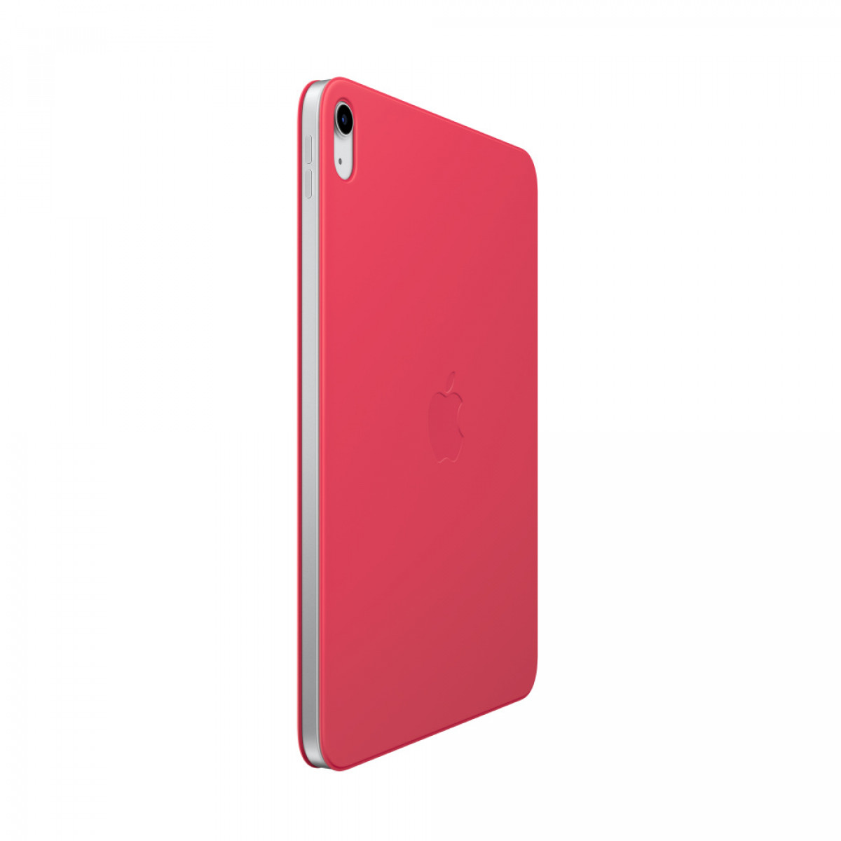 Une tablette rouge dans un étui rouge, vue de côté, sur fond blanc.