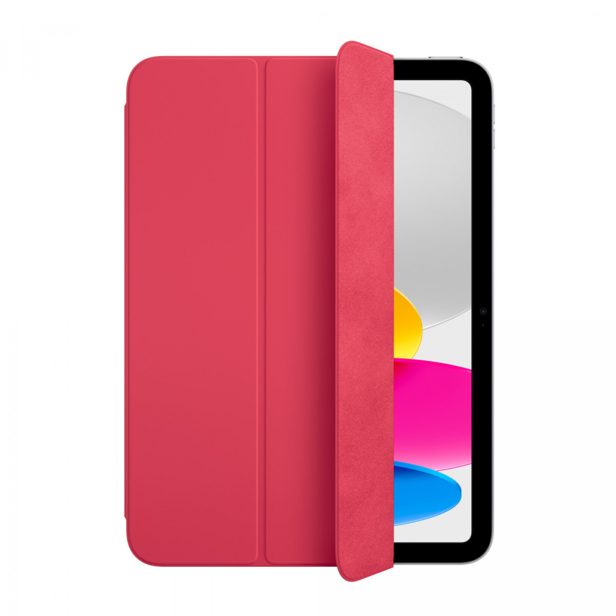 Rode tablethoes, opzij geopend. Het tabletscherm is zichtbaar. De hoes is rood.