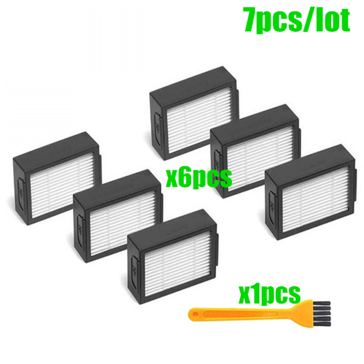 Zestaw sześciu czarnych filtrów do odkurzacza i mała żółta szczotka do czyszczenia.