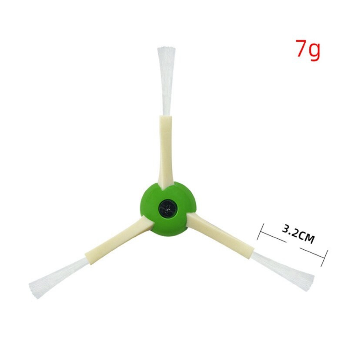 Trójramienna szczotka do robota sprzątającego, z wymiarami i zielonym środkiem.