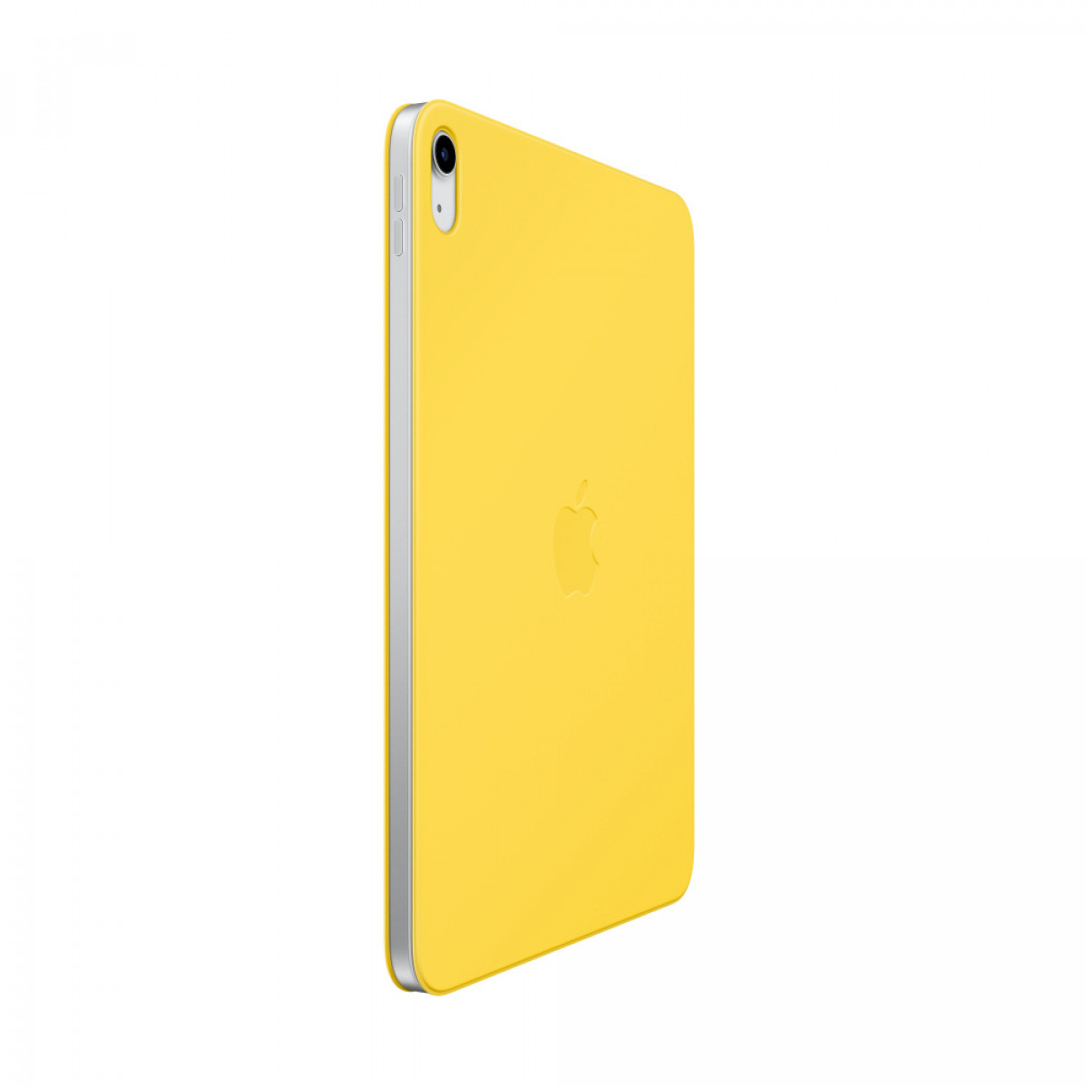 Gelbes iPad mit silbernem Rahmen. Apple-Logo auf der Rückseite. Weißer Hintergrund.