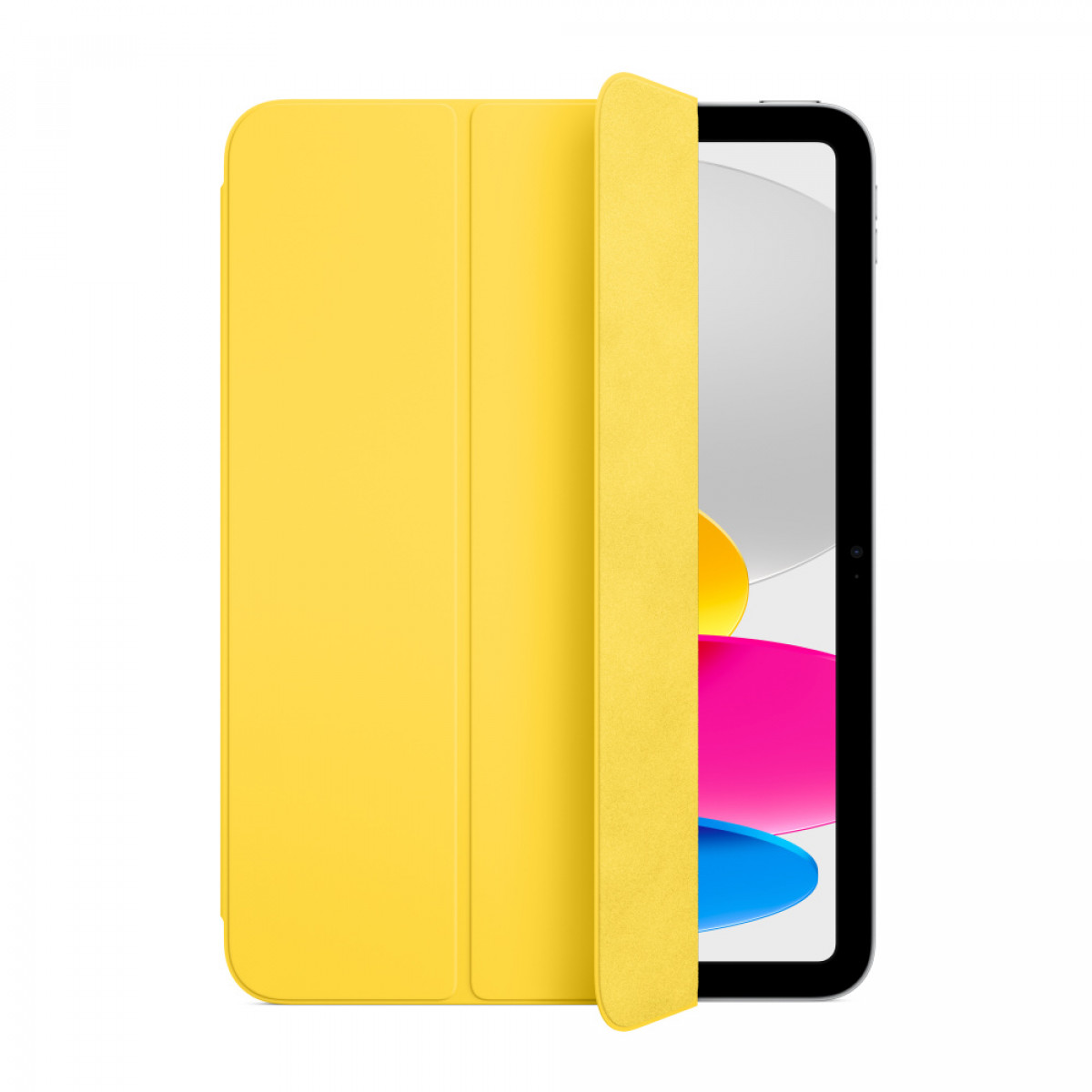 Gelbes iPad-Case, geöffnet, zeigt Bildschirm mit bunten Elementen.
