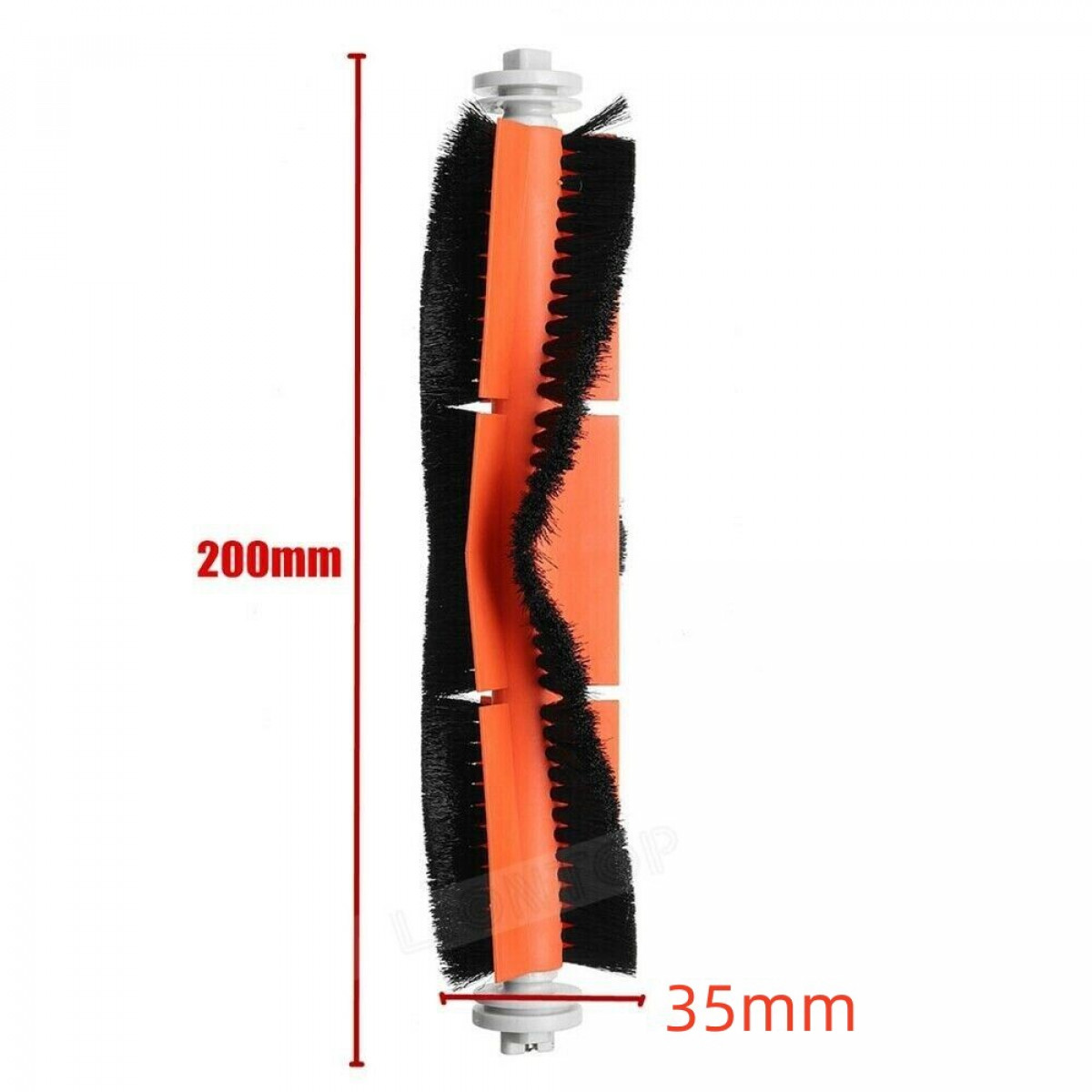 Eine orangefarbene und schwarze zylindrische Bürste mit Abmessungen. Die Bürste ist für einen Staubsauger und vor weißem Hintergrund.