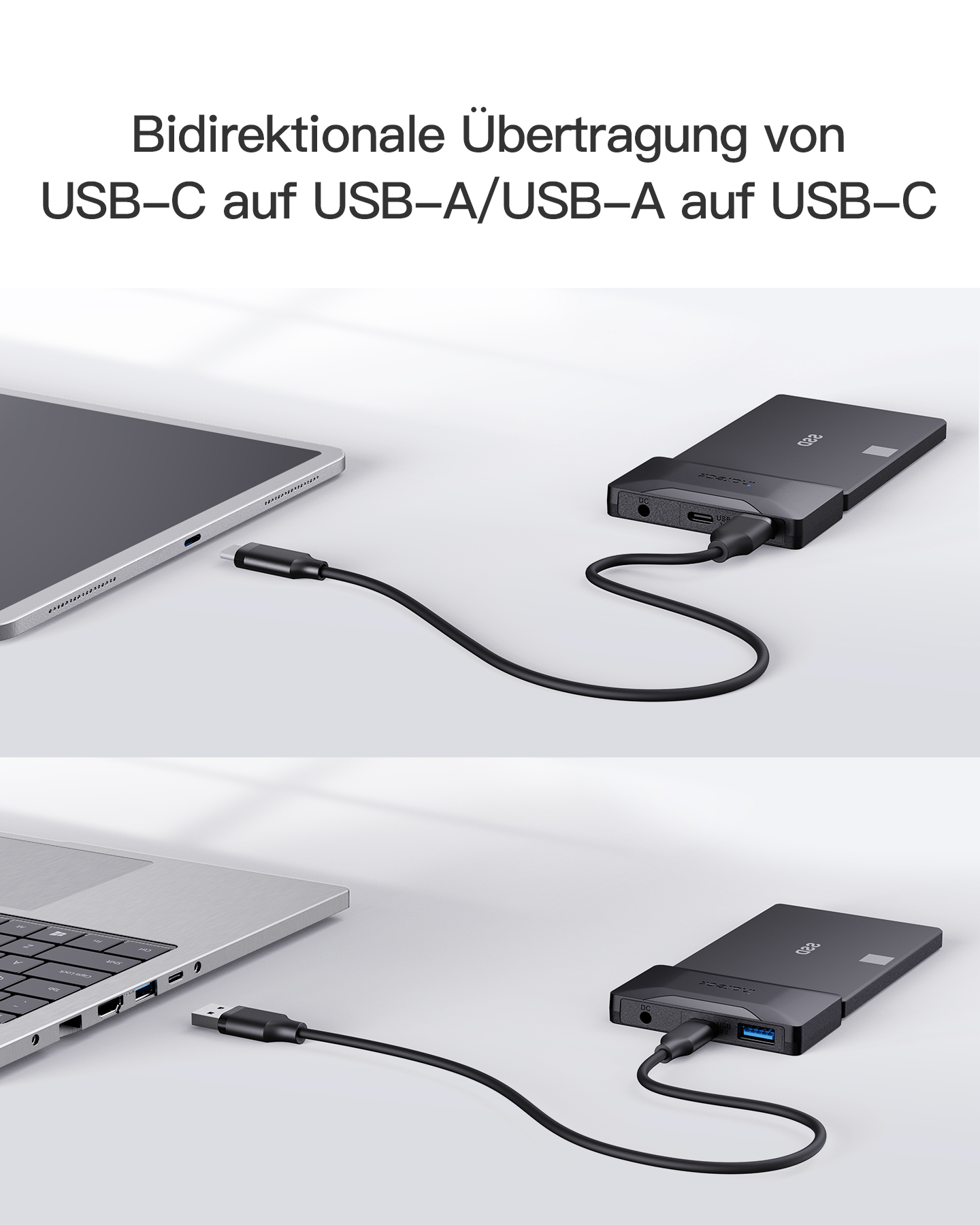Ein Laptop und eine Festplatte, verbunden durch ein schwarzes Kabel.
