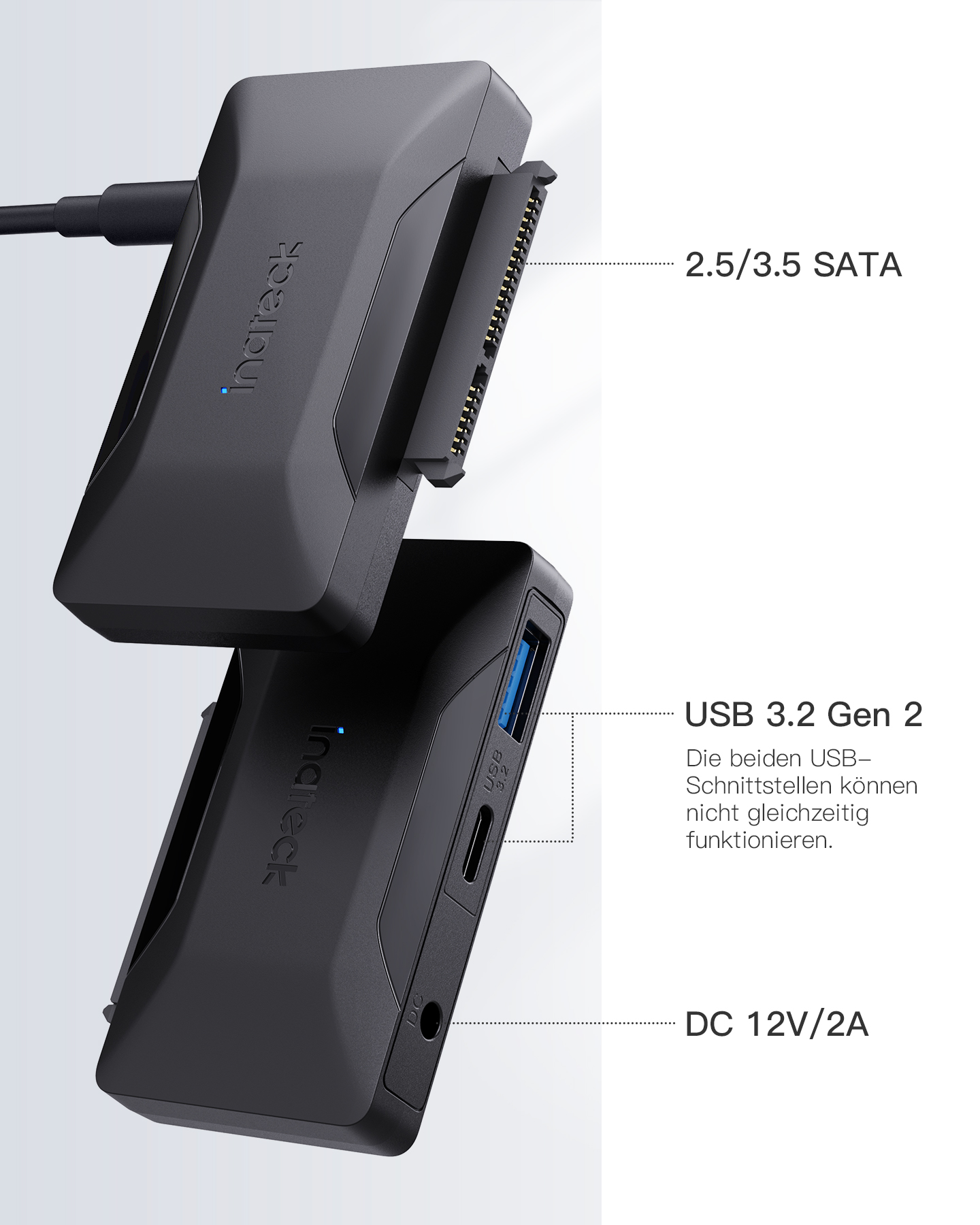 Ein schwarzes externes Festplattengehäuse mit Beschriftungen und einem USB 3.2 Gen 2 Anschluss, auf weißem Hintergrund.