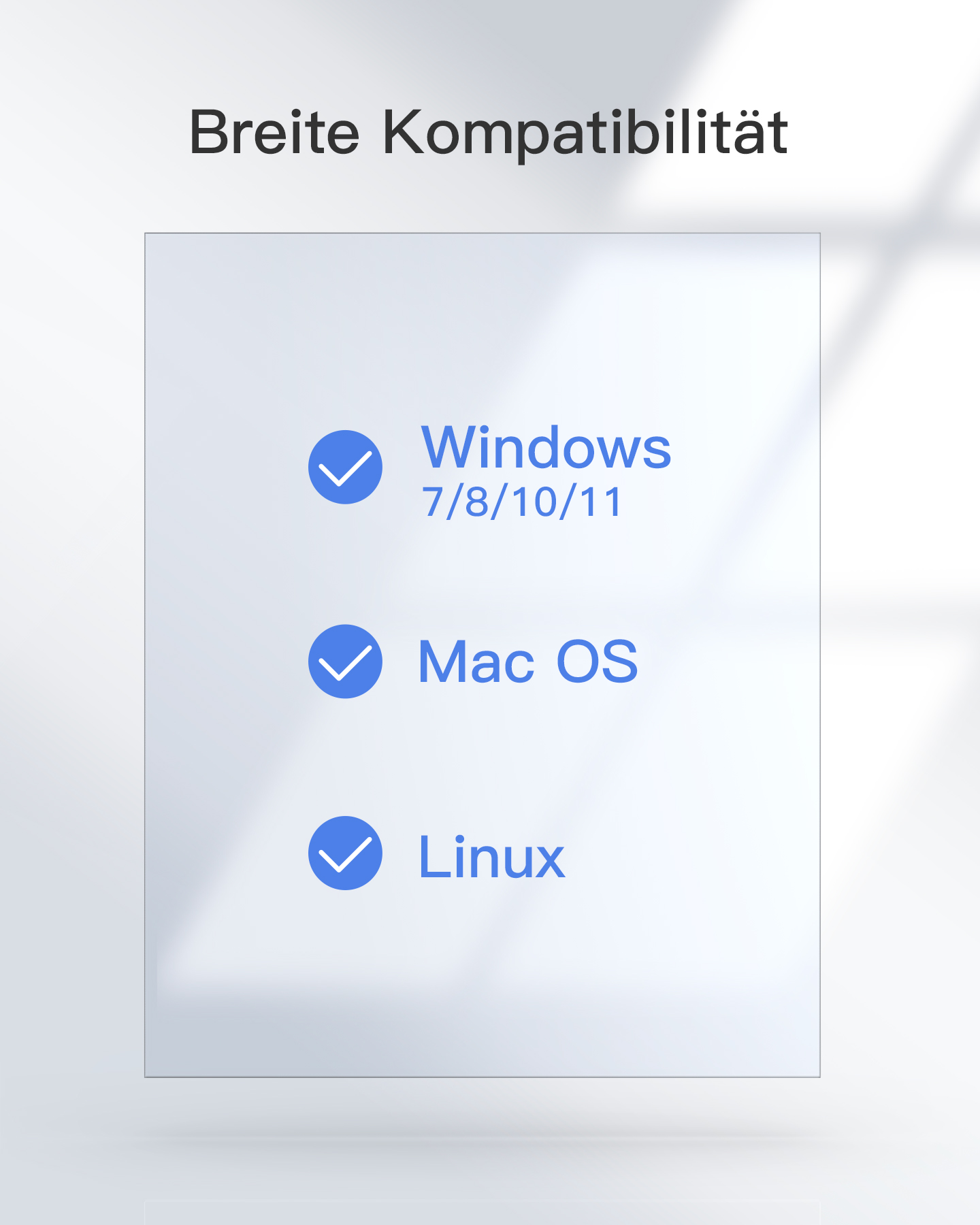 Weißer Hintergrund listet Windows, Mac OS und Linux auf, jeweils mit Häkchen.