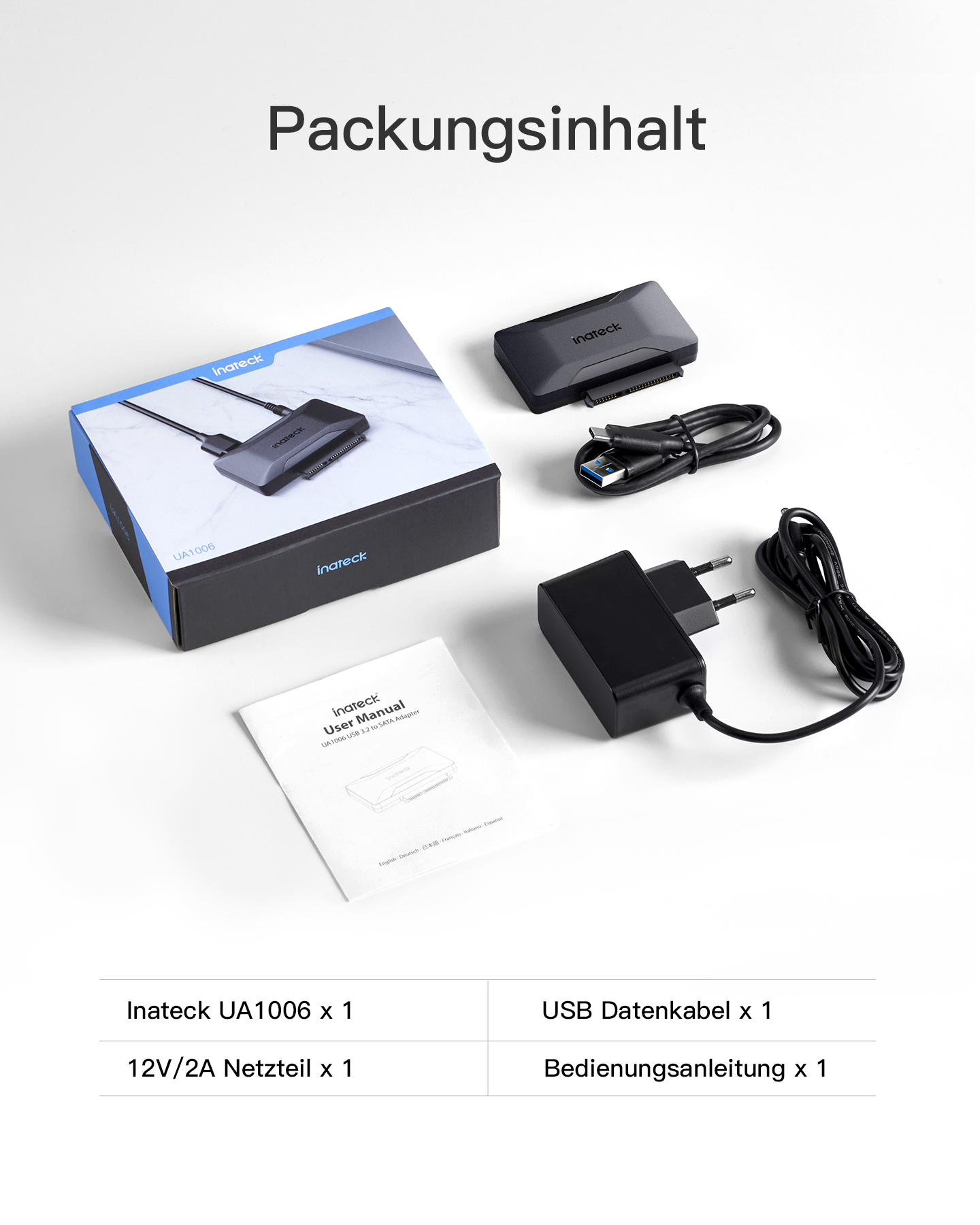 Produktbox mit Komponenten: Adapter, Kabel, Festplattengehäuse und Bedienungsanleitung.