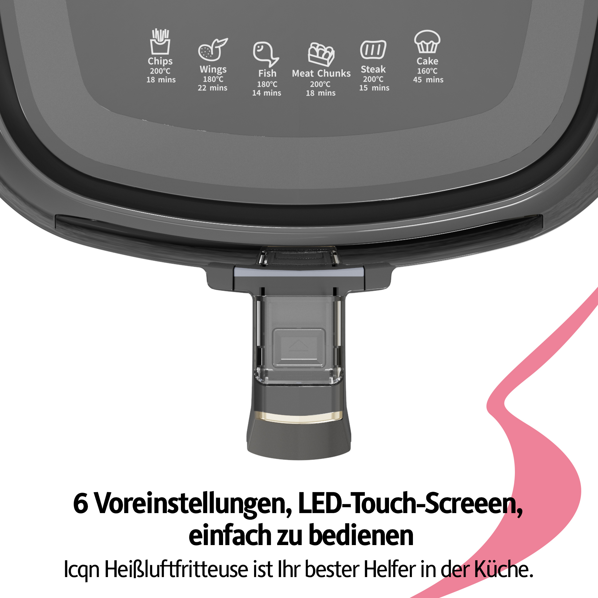 ICQN 6L XL Friteuse Programmen, 1300 6 Fritteuse Heissluft LED-Touchscreen, Fritteusen Heißluftfritteuse Air Fryer, Airfryer Schwarz Watt