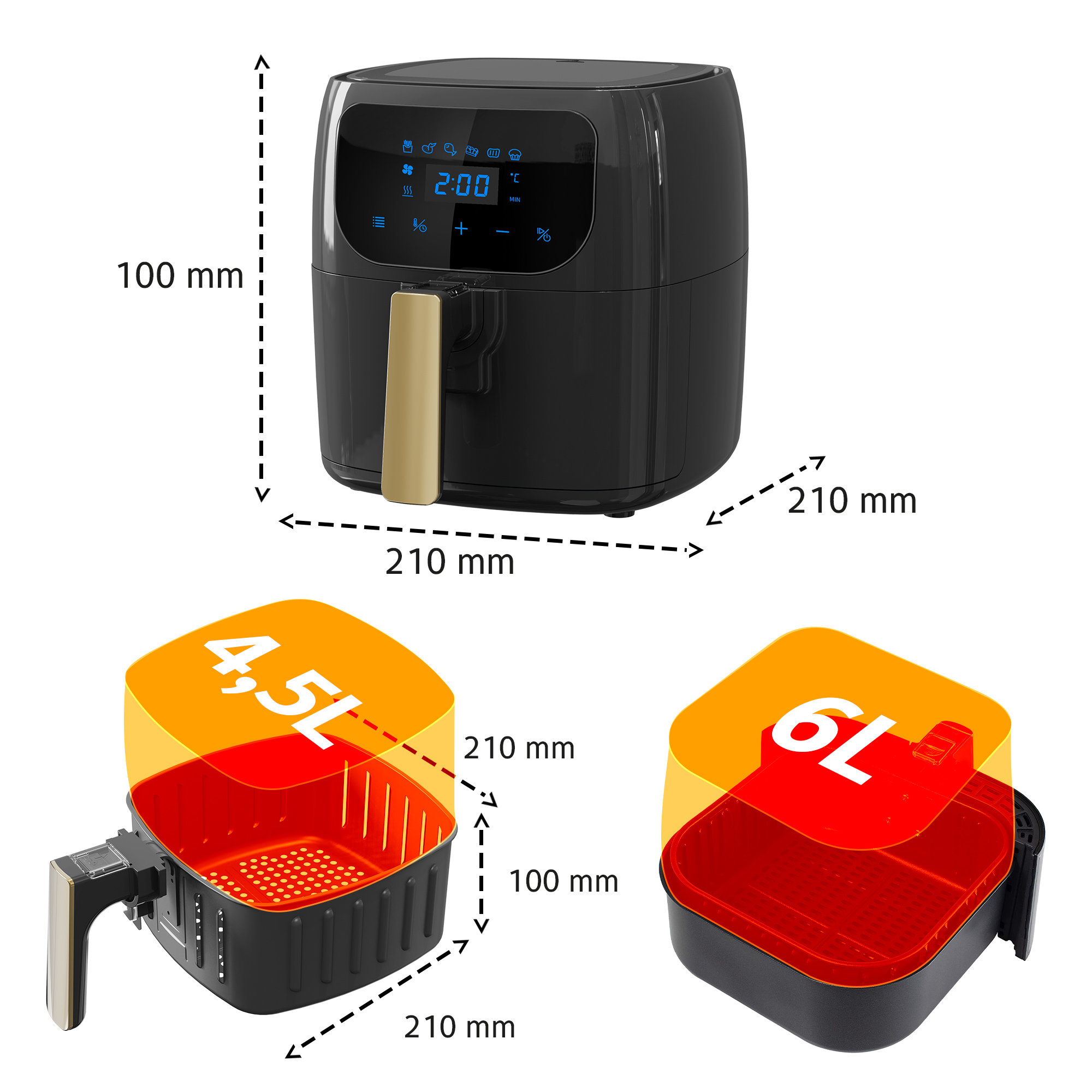 ICQN 6L XL Friteuse Programmen, 1300 6 Fritteuse Heissluft LED-Touchscreen, Fritteusen Heißluftfritteuse Air Fryer, Airfryer Schwarz Watt