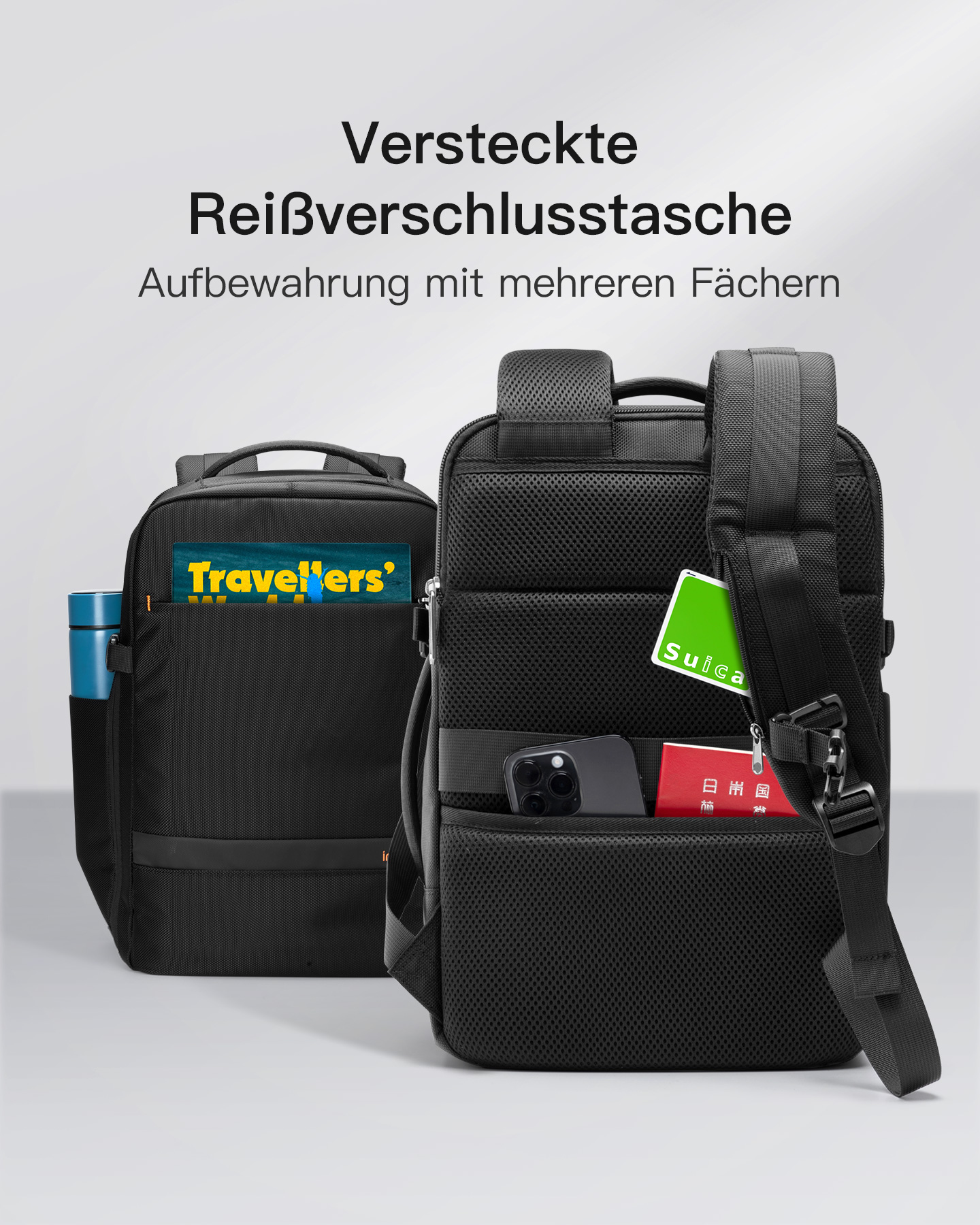 Zwei schwarze Rucksäcke. Der rechte hat eine Tasche mit Telefon und Karten. Text über Taschen ist vorhanden.