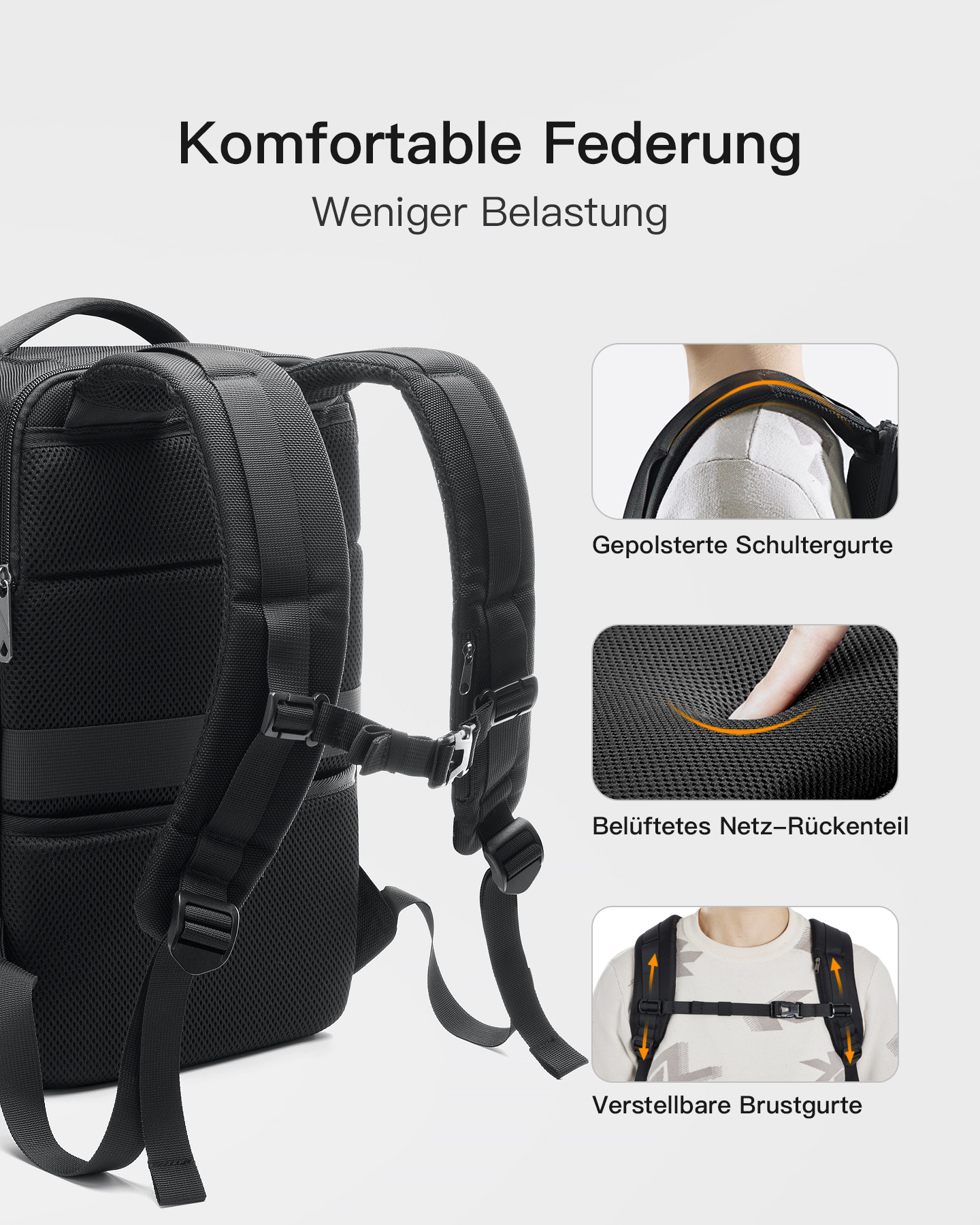 Schwarzer Rucksack mit Text und Diagrammen. Zeigt die Rückenstütze und verstellbare Gurte.