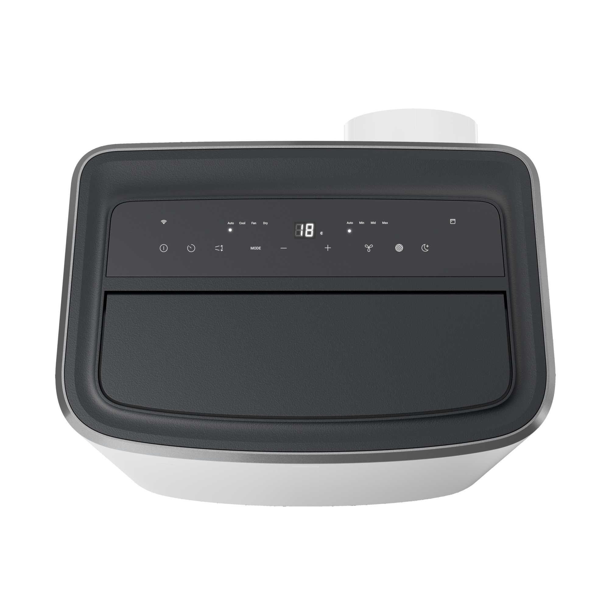 Widok z góry na czarno-białą przenośną klimatyzację z panelem sterowania i wyświetlaczem.