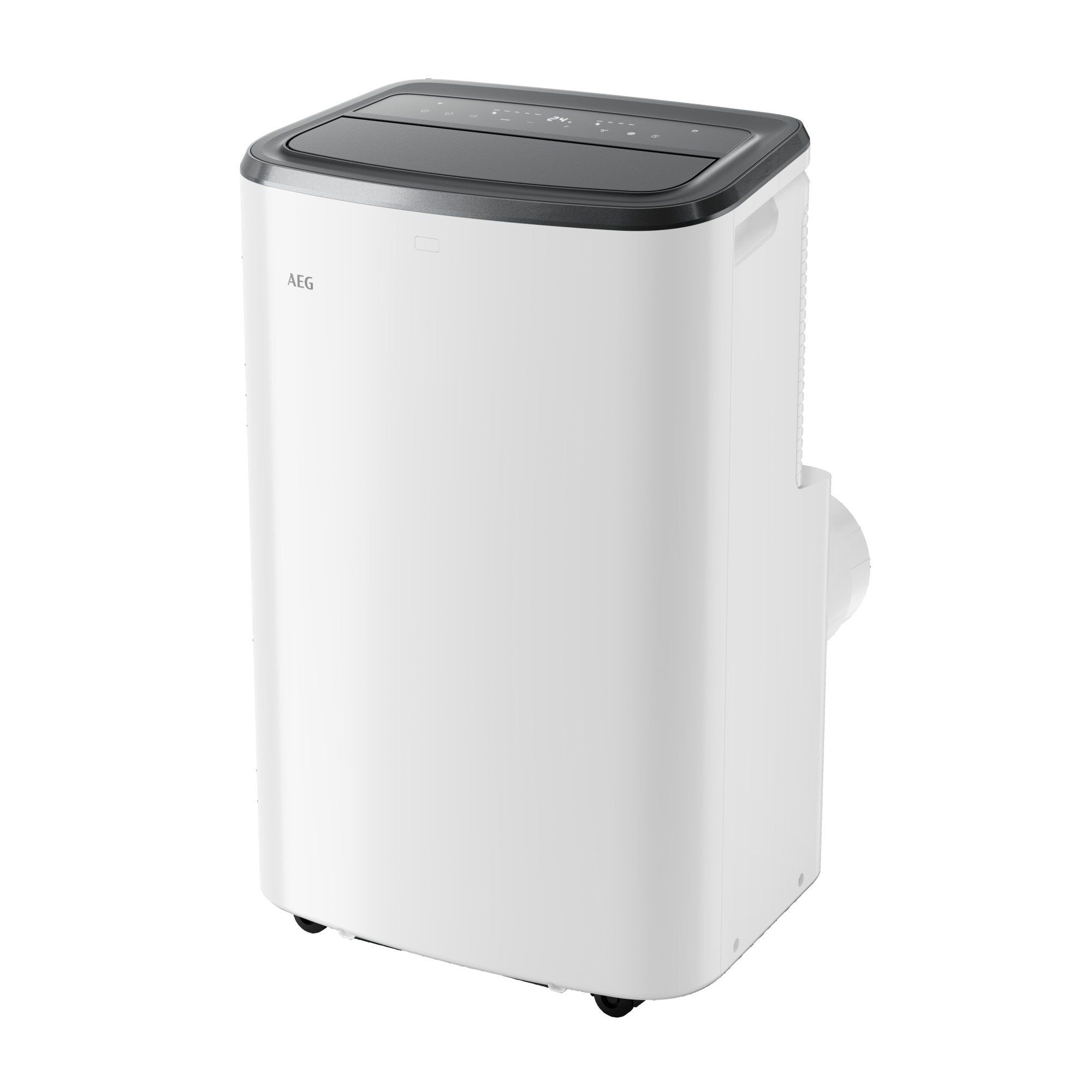 Biały przenośny klimatyzator AEG, z ciemnym górnym panelem, na czarnej powierzchni.