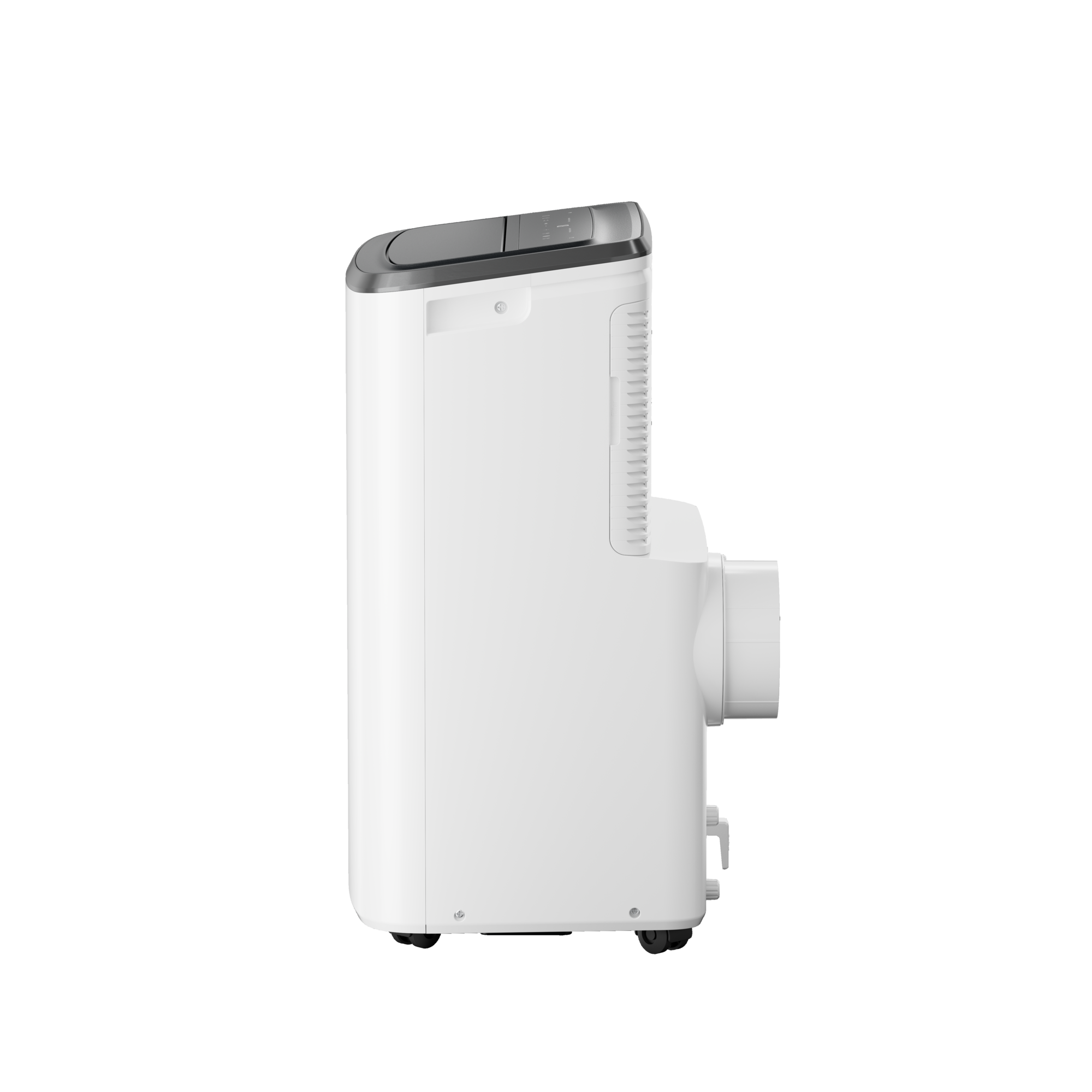 Biała przenośna jednostka klimatyzacyjna, z białym korpusem i szarym panelem górnym.