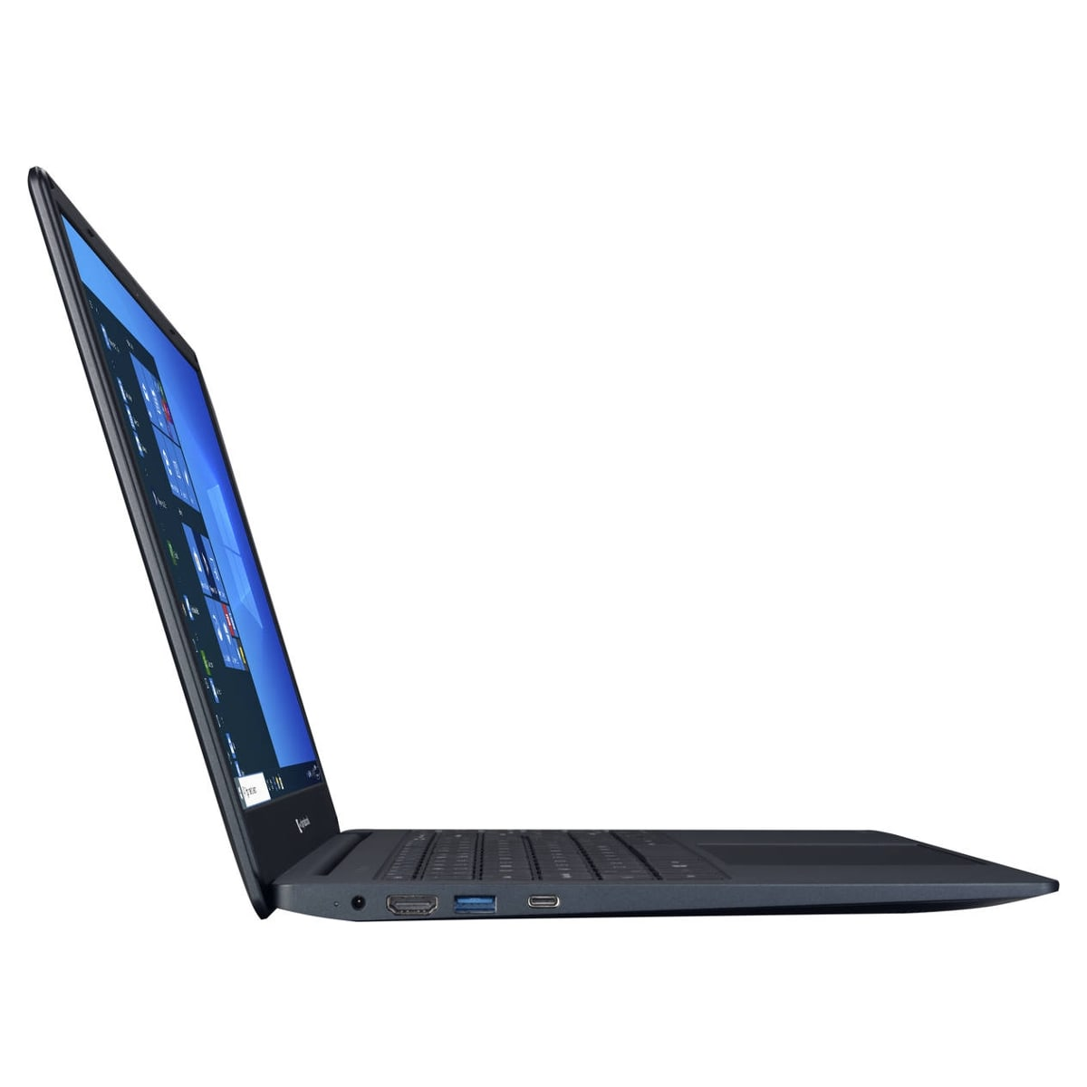 Vista lateral de un portátil negro, ligeramente inclinado. La pantalla muestra un escritorio de Windows.