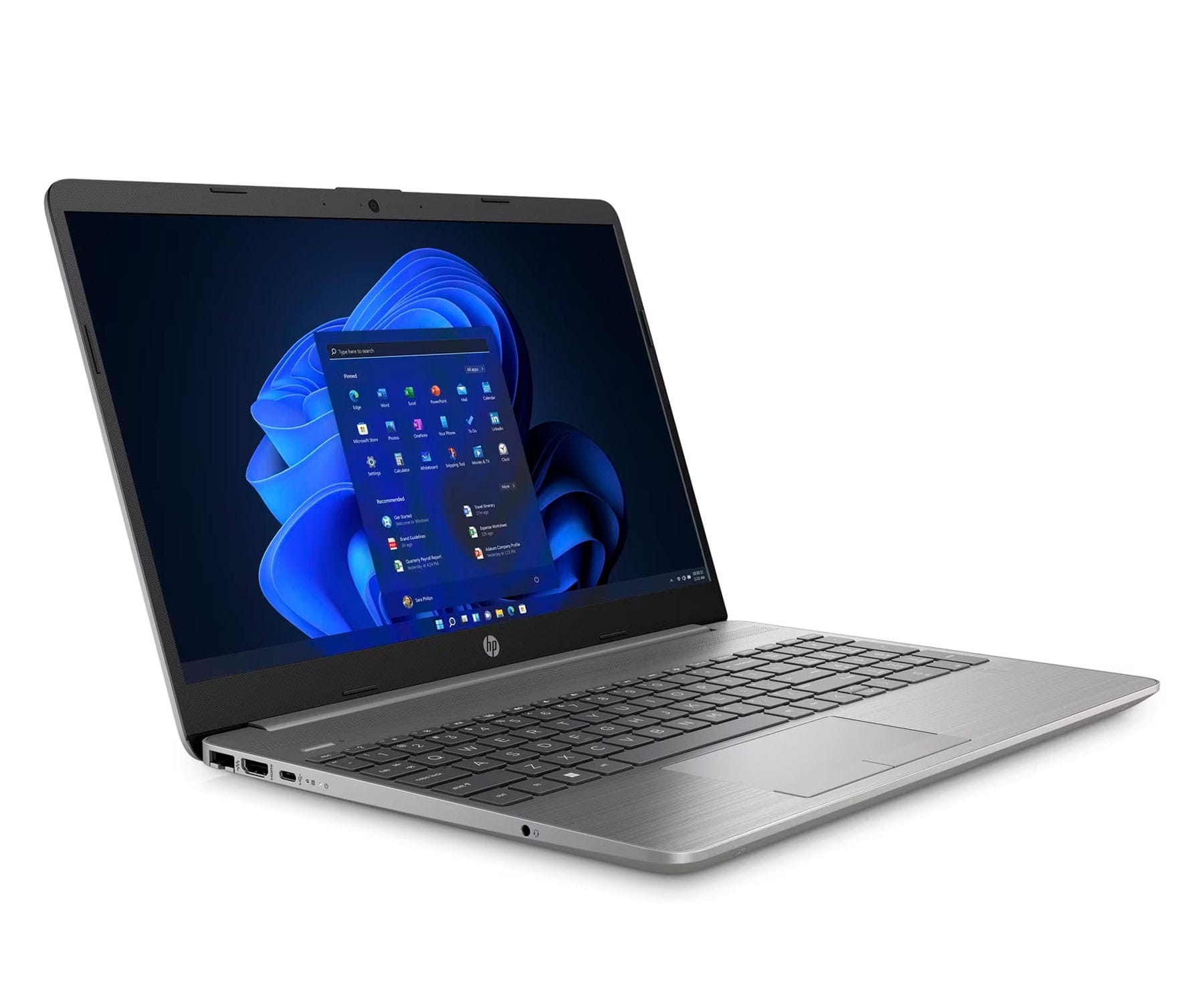 Portátil HP sobre fondo blanco, con caja de Windows 11 Home y Xbox Game Pass.