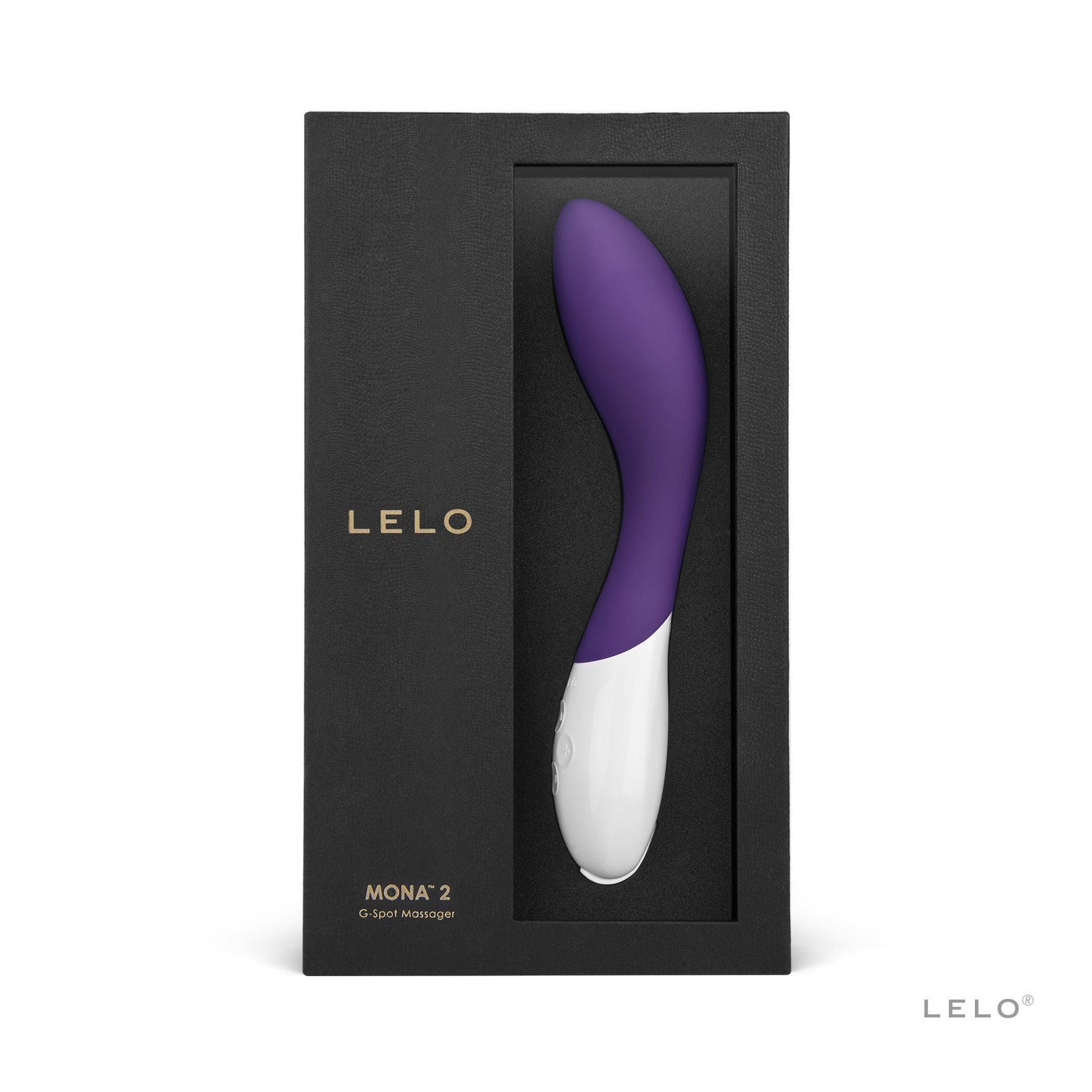Un masajeador de punto G LELO Mona 2 púrpura y blanco en su embalaje.
