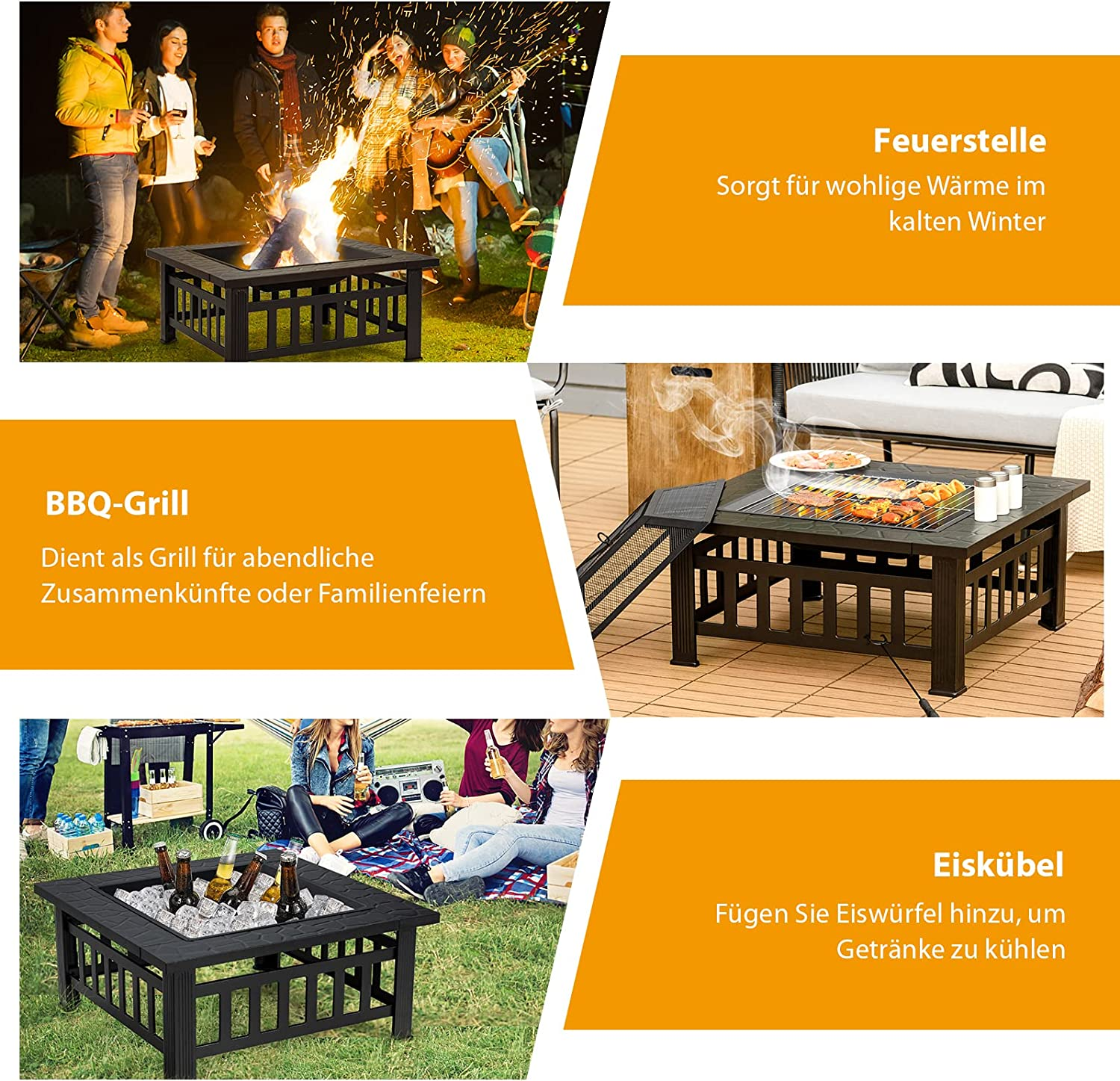 Ein BBQ-Grill mit verschiedenen Anwendungen: Feuerstelle, zum Grillen und als Eiskübel. Menschen genießen den Grill.