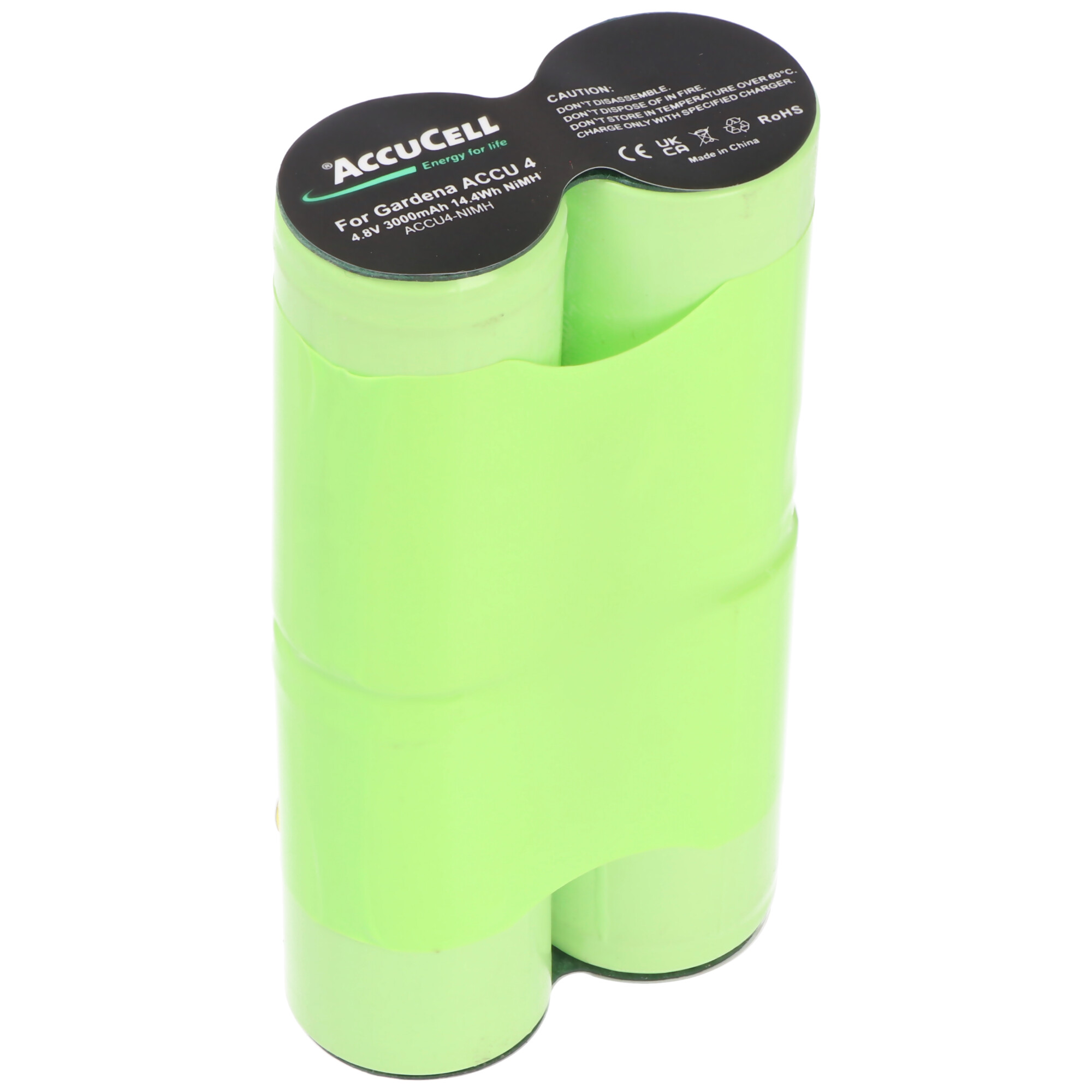 Twee cilindrische groene AccuCell-batterijen, in een groene plastic houder.