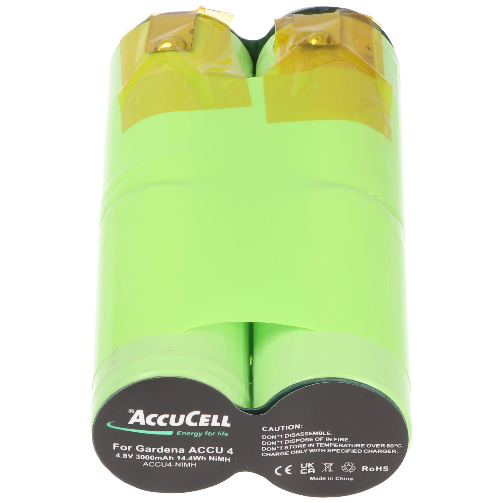 Twee groene cilindrische batterijen, met gele tape, gemarkeerd met 'AccuCell' en veiligheidswaarschuwingen.