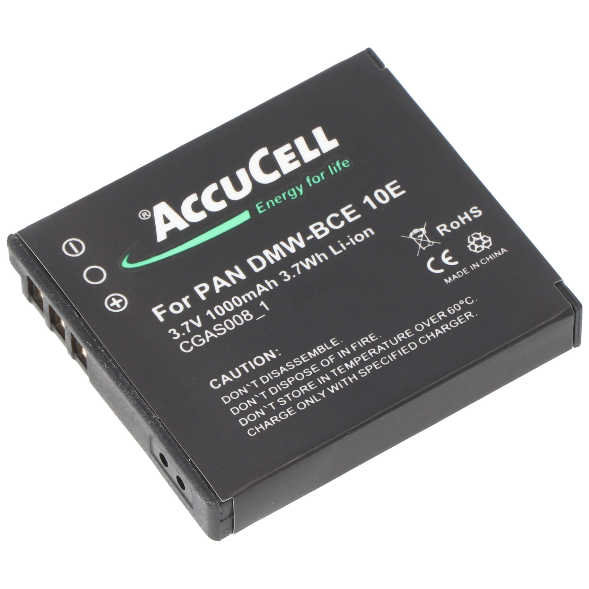 Zwarte Accucell-batterij met groene en witte tekst erop. Het heeft het Accucell-logo en tekst.