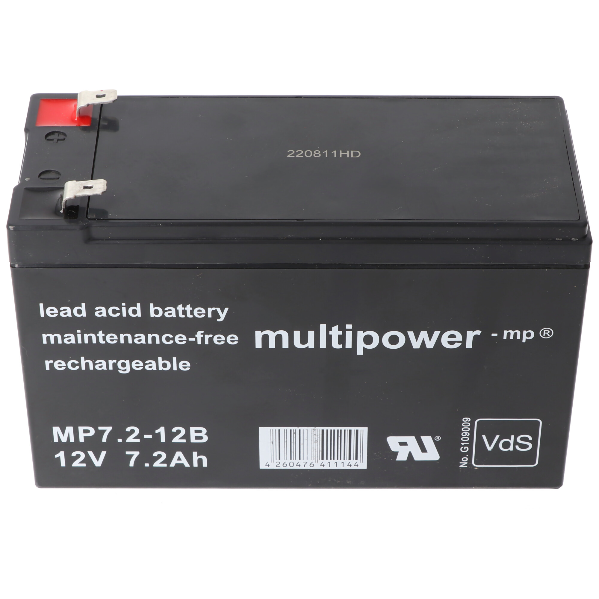 Eine schwarze, wiederaufladbare Blei-Säure-Batterie mit Aufklebern. Sie trägt die Aufschrift 'multipower' und '12V 7.2Ah'.