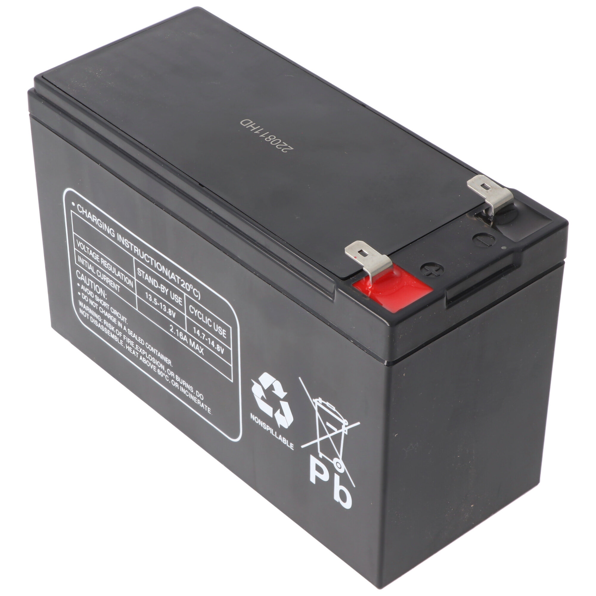 Eine schwarze Batterie mit Ladeanweisungen. Es hat ein Warnschild und ein Pb-Symbol.