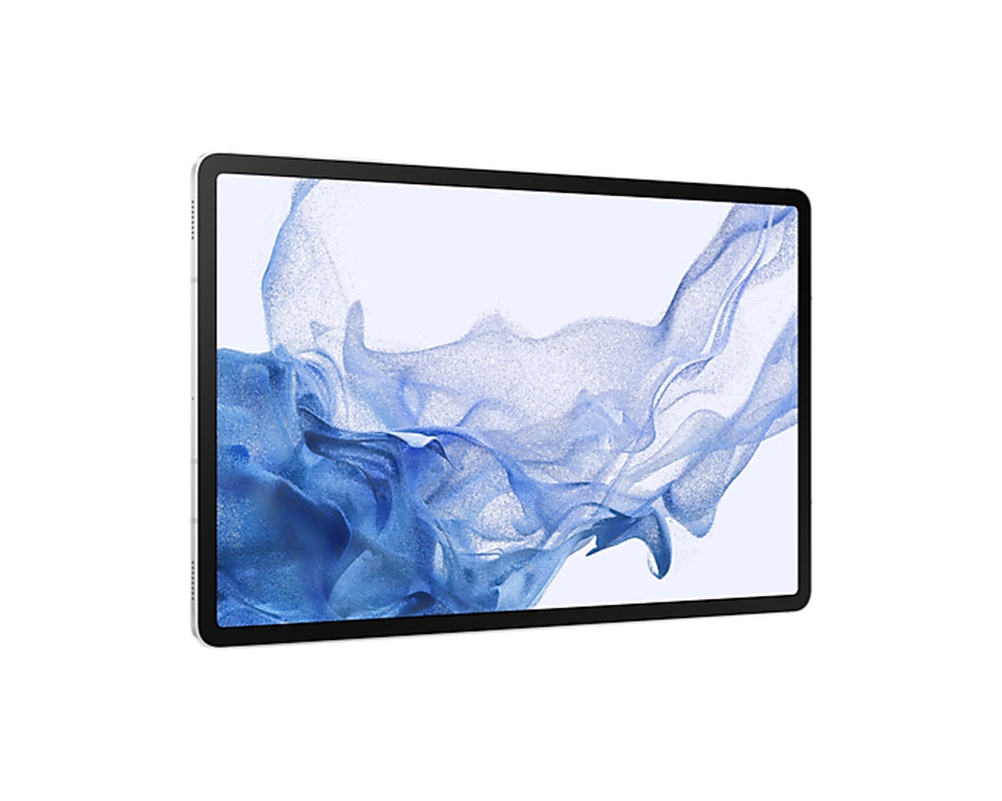 Tablet mit schwarzem Rahmen, Bildschirm mit blauem und weißem Abstrakt-Design, aus der Perspektive.