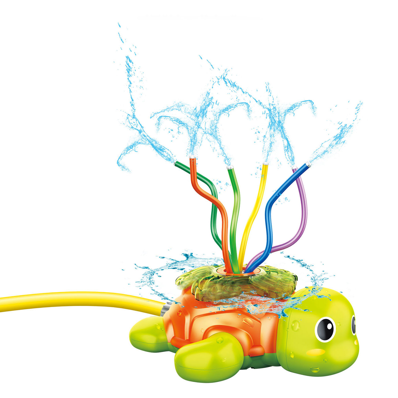 Ein grünes Schildkröten-Wassersprinkler-Spielzeug, das Wasser in mehrere Richtungen spritzt.