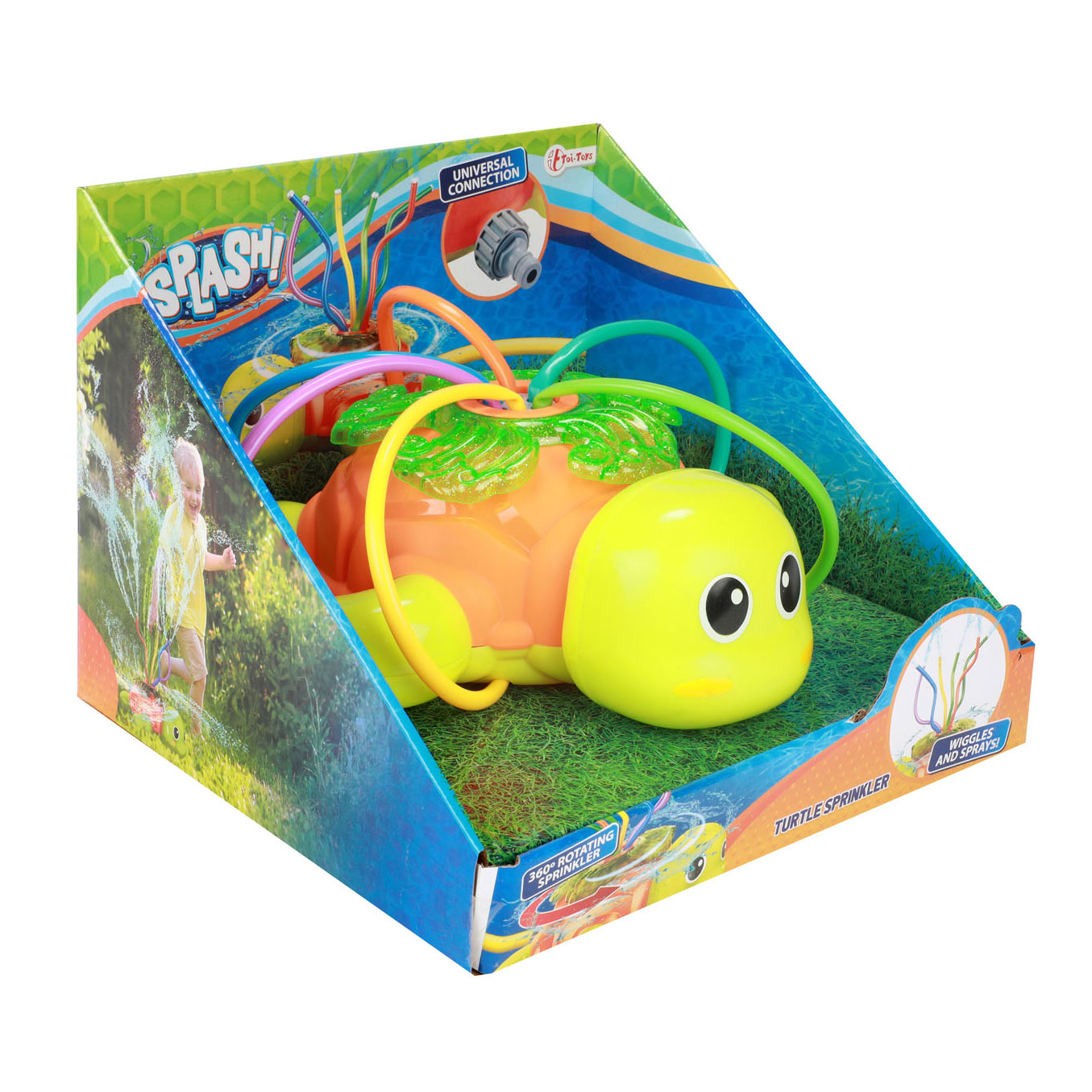 Eine Spielzeug-Schildkrötensprinkler in einer Box. Die Schildkröte ist gelb und orange und hat Wasserschläuche.