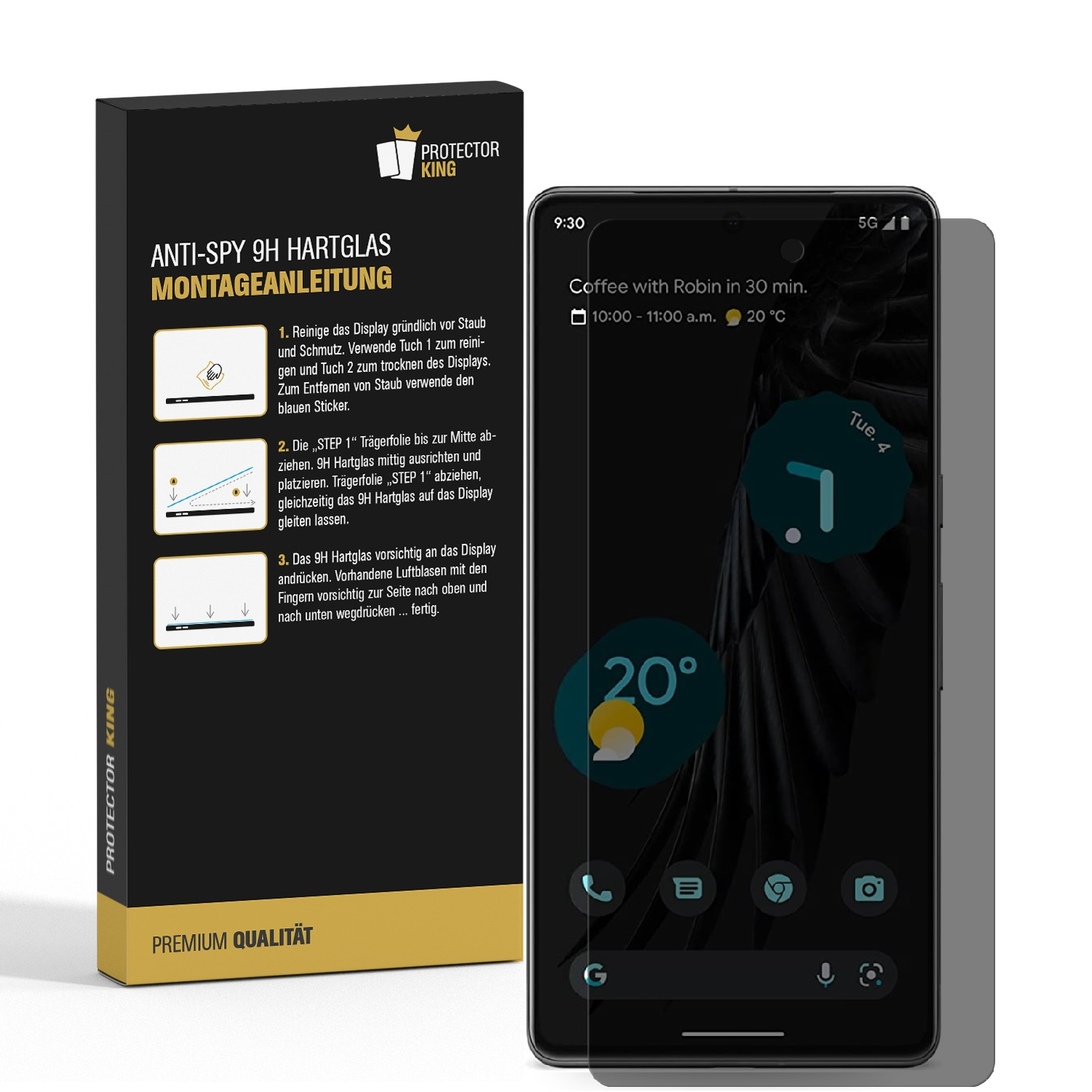 Schwarze Box mit Displayschutzfolienanleitung und Telefon mit Folie.