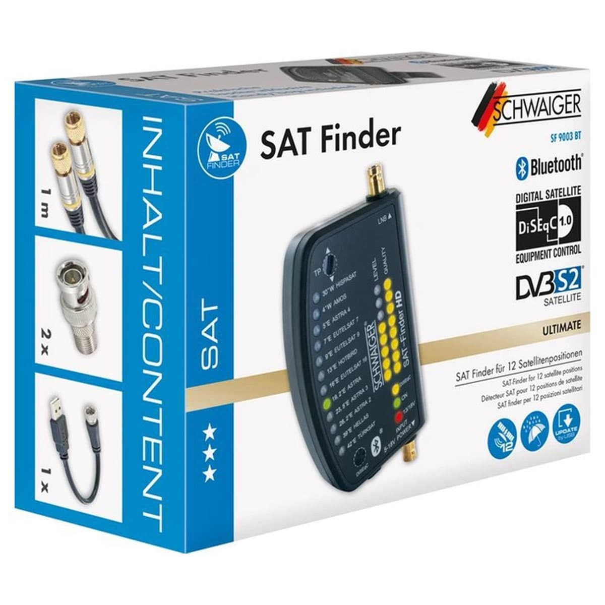 Sat-Finder-Box mit Zubehör. Enthält ein Gerät, Kabel und Anschlüsse. Text auf der Box.