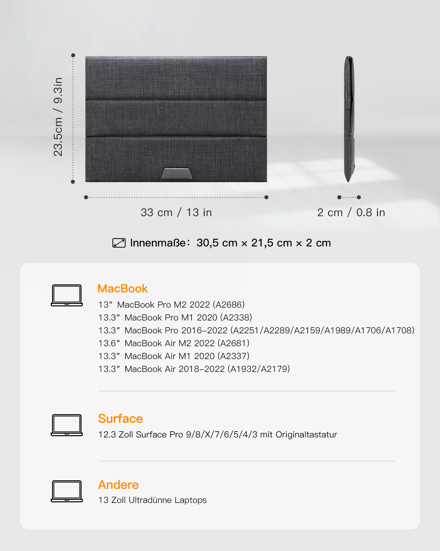 Eine Grafik in neutralen Tönen, die die Abmessungen einer Tablet-Hülle und eine Liste kompatibler Geräte zeigt.