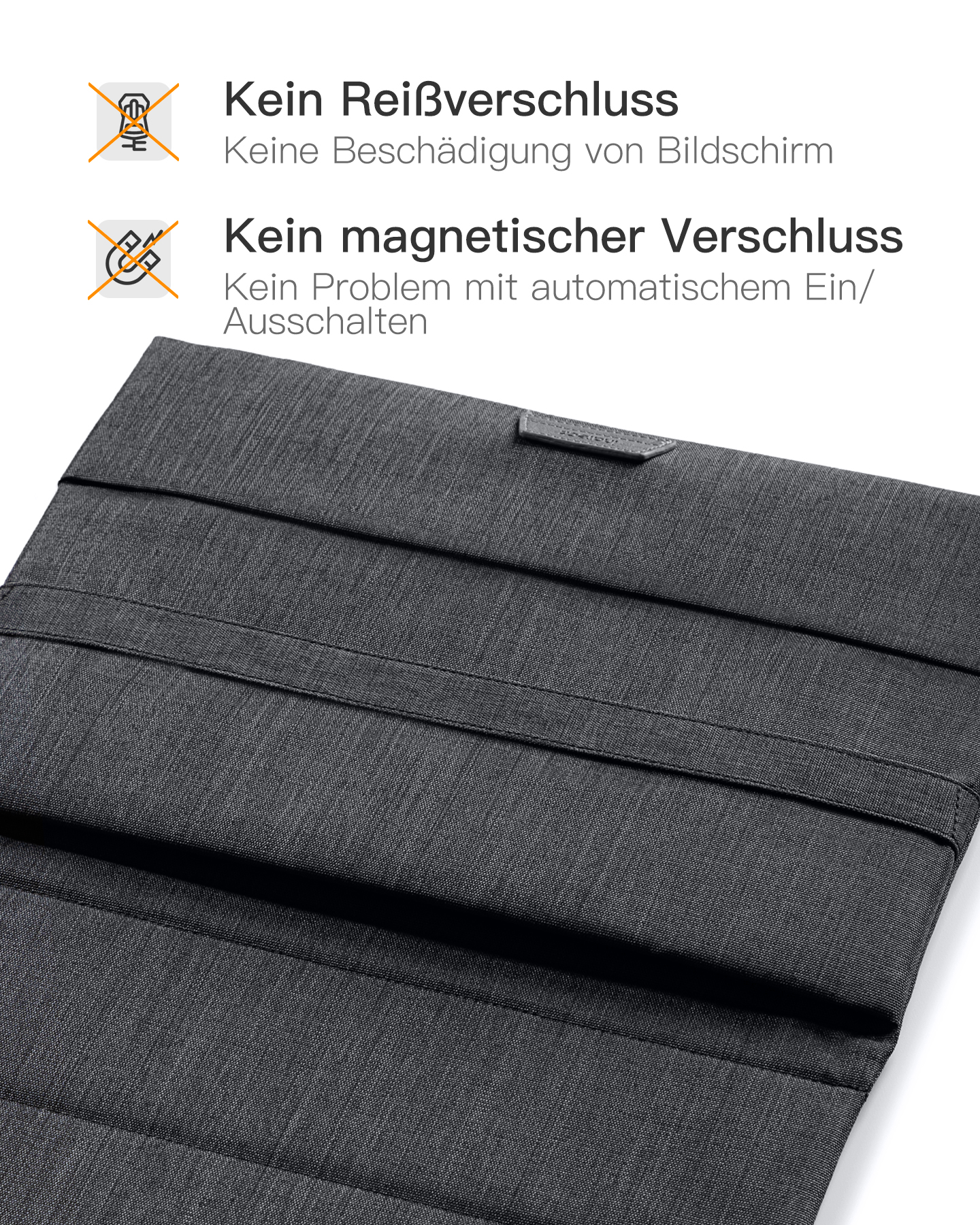 Graue Tablet-Hülle mit Text zu Funktionen. Nahaufnahme, strukturiertes Material.