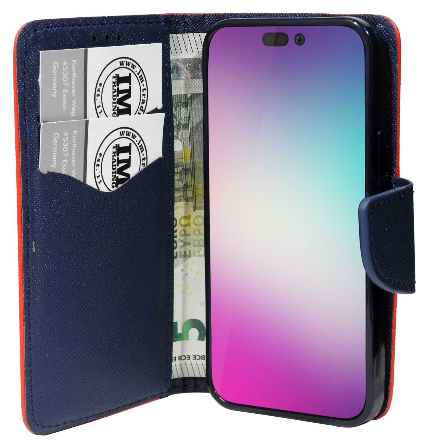 Geöffnete Brieftasche mit Karten, Geld und Telefon. Innen blau und orange.