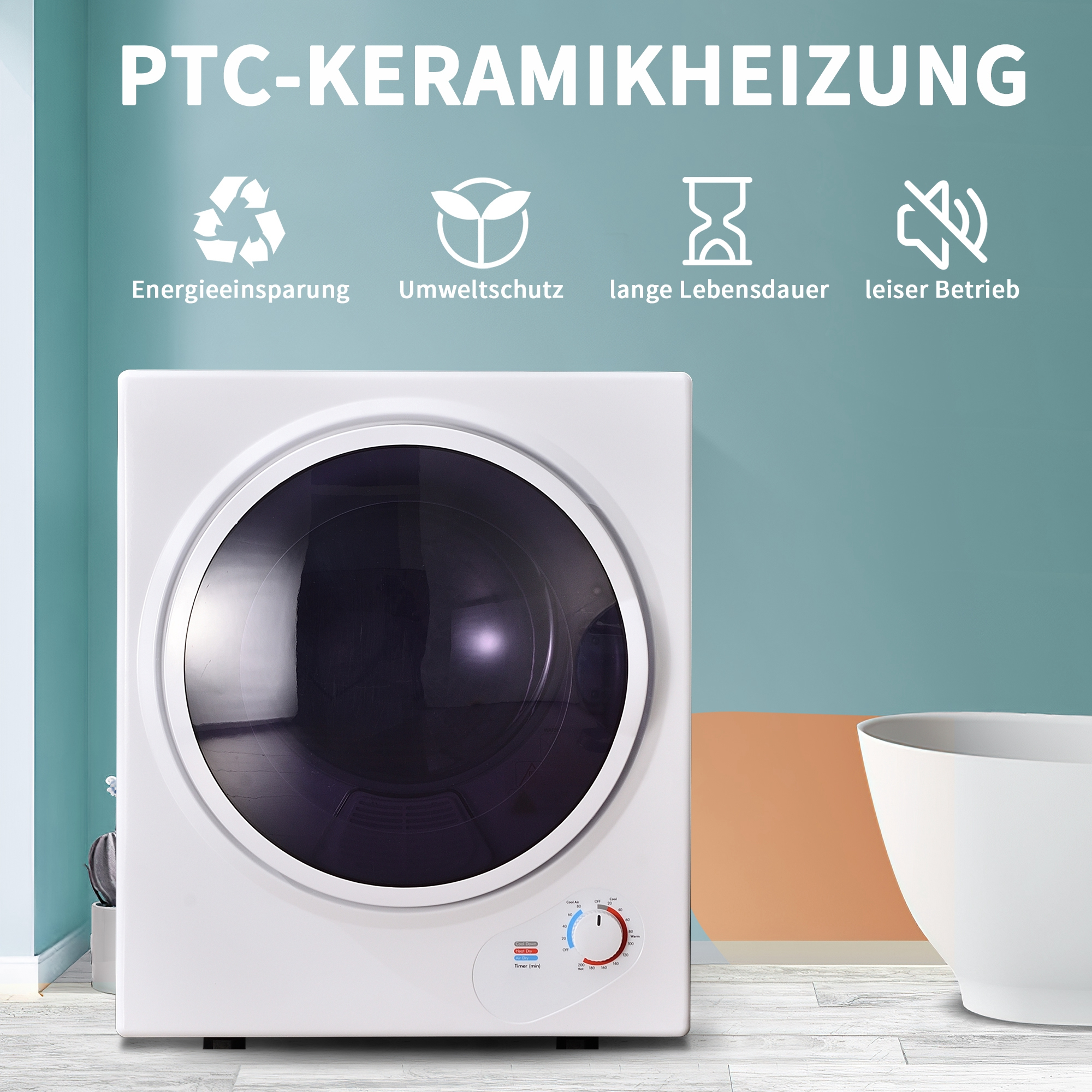 Ein weißer PTC-Keramikheizer mit Bedienknöpfen und einem schwarzen Fenster. Der Hintergrund ist eine teal Wand.