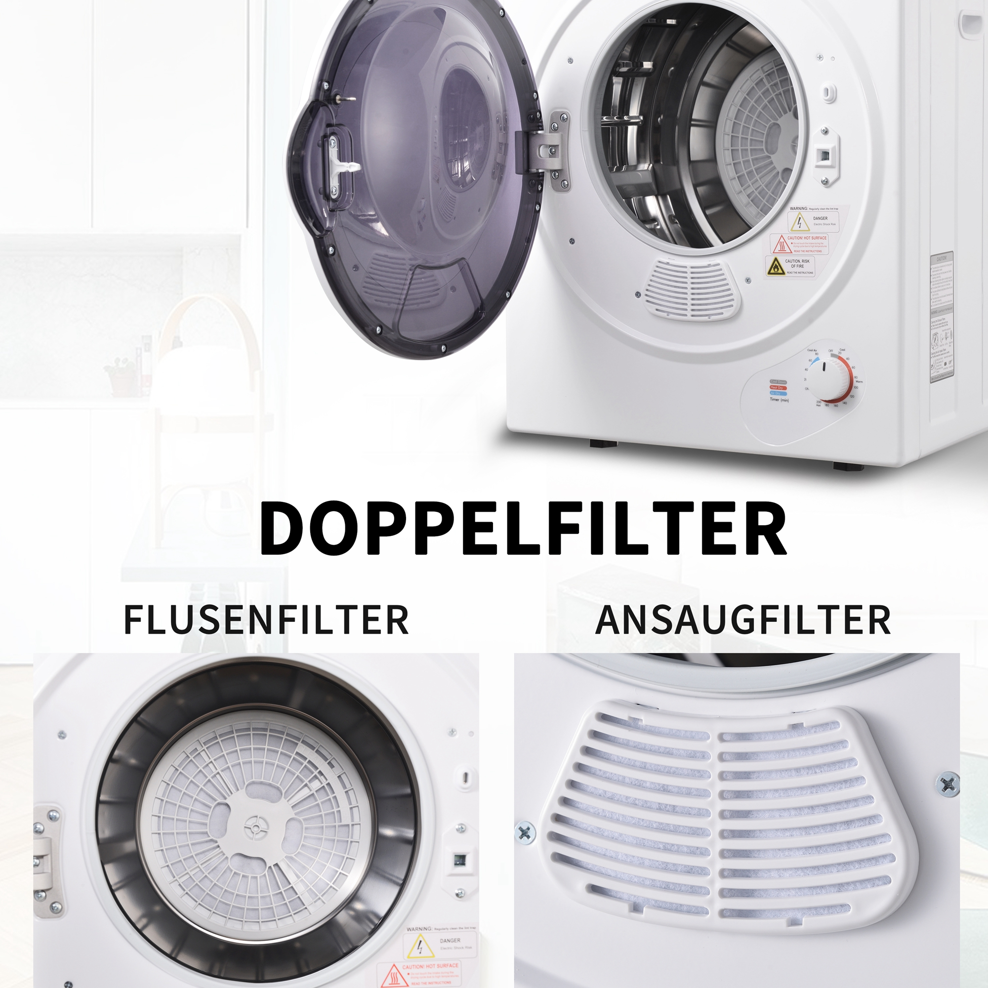 Ein weißer Wäschetrockner mit offener Tür. Der Filter wird in zwei Nahaufnahmen gezeigt.