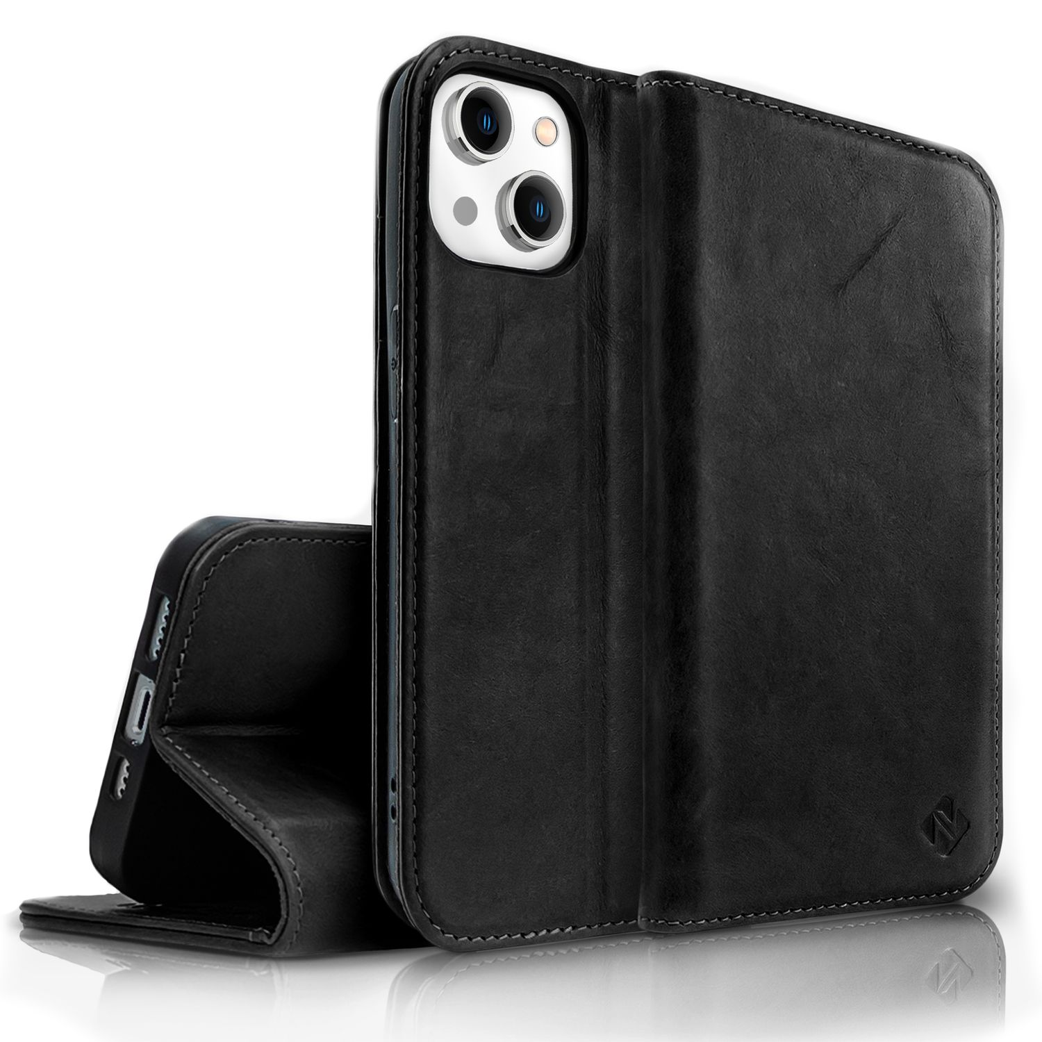 NALIA Echt Leder Flip mit Cover, Magnetverschluss, Schwarz Plus, Flip Apple, Hülle iPhone 14 Case