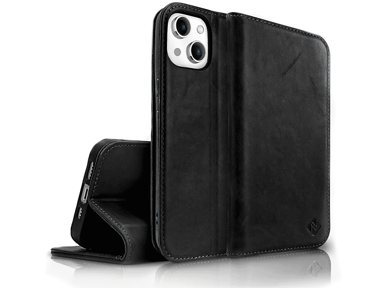 NALIA Echt Leder Flip Case Hülle mit Magnetverschluss, Flip Cover, Apple, iPhone 14 Plus, Schwarz