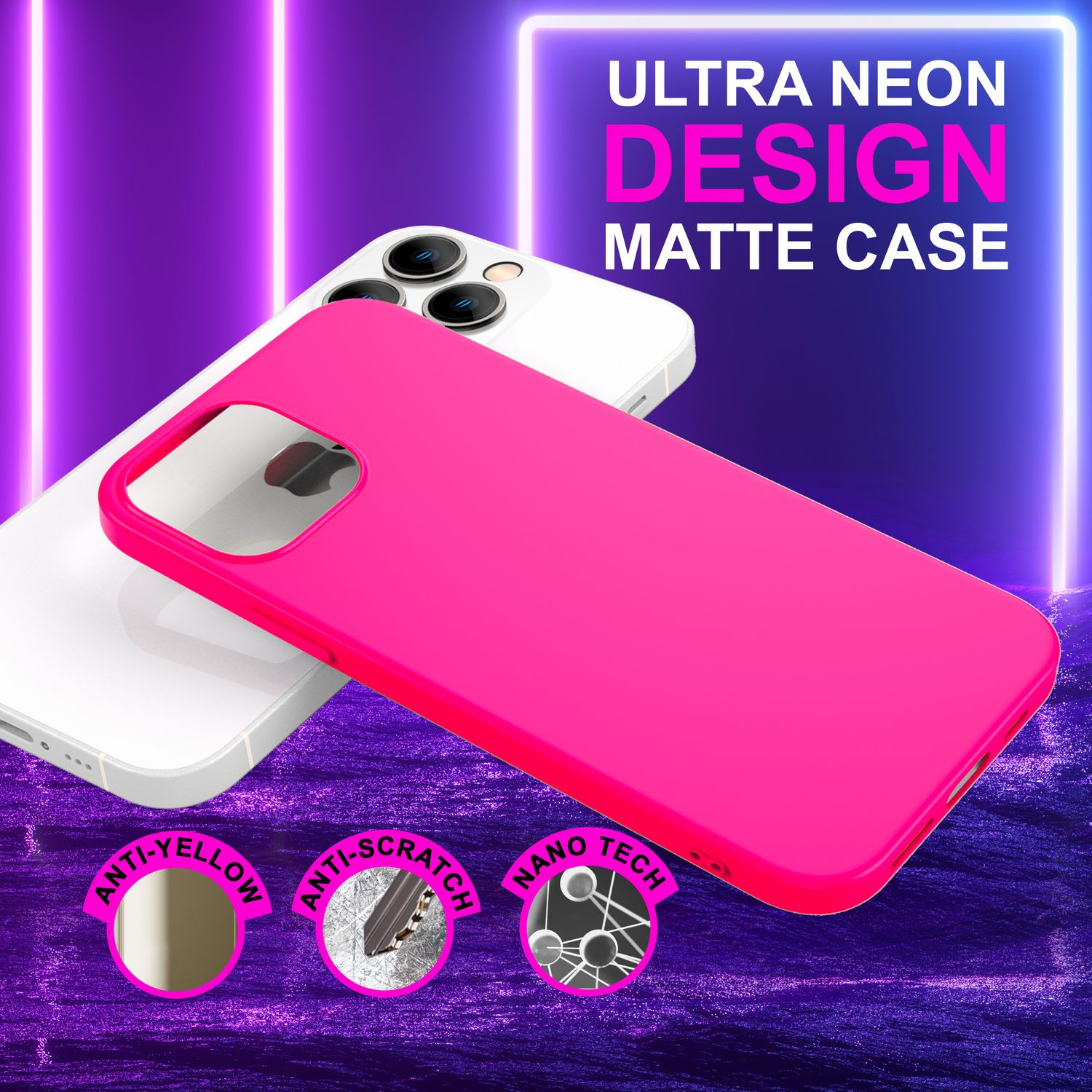Eine pinke Handyhülle mit einem weißen Handy dahinter, mit Text: Ultra Neon Design Matte Case.