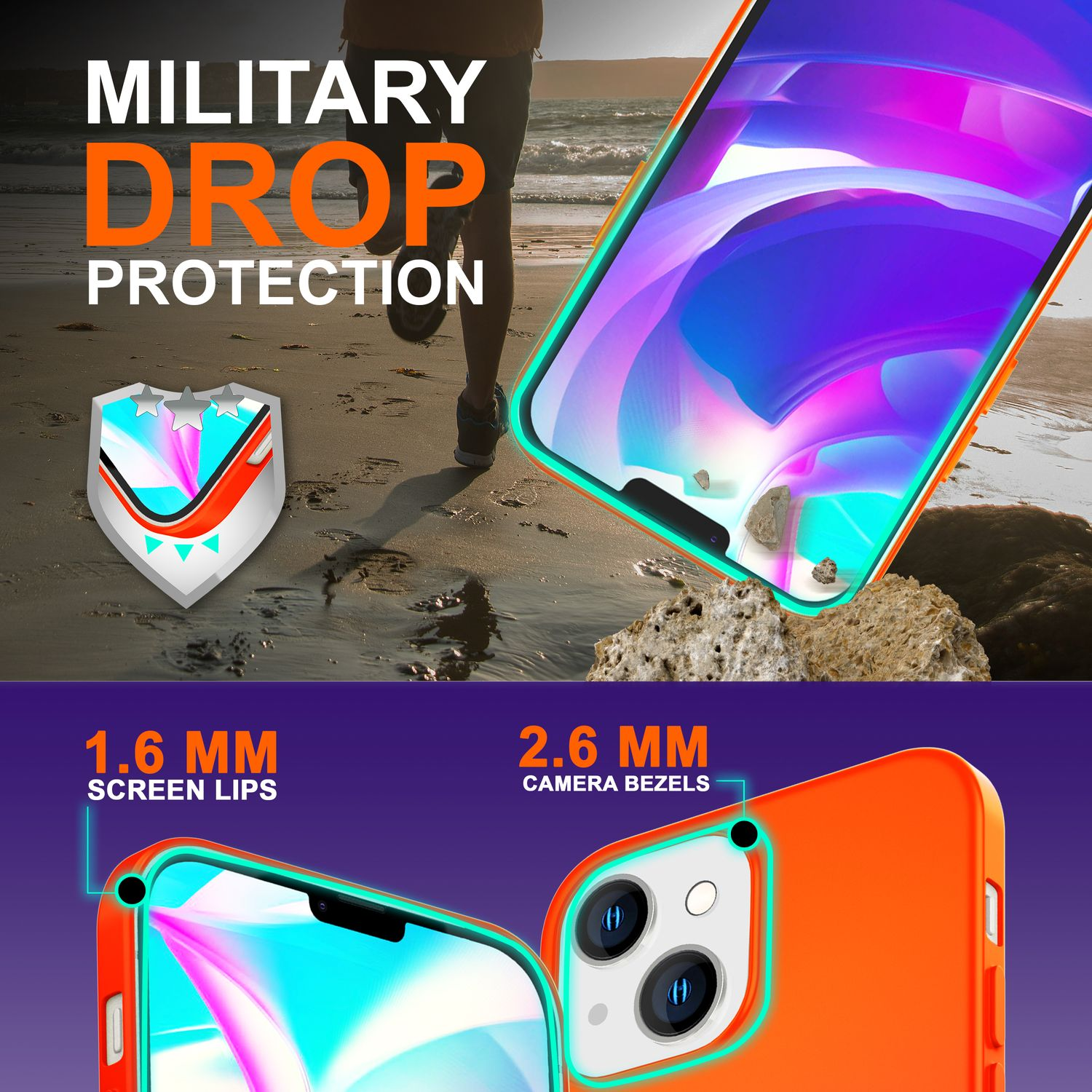 Una custodia con 'MILITARY DROP PROTECTION', cornice arancione e una persona che corre.