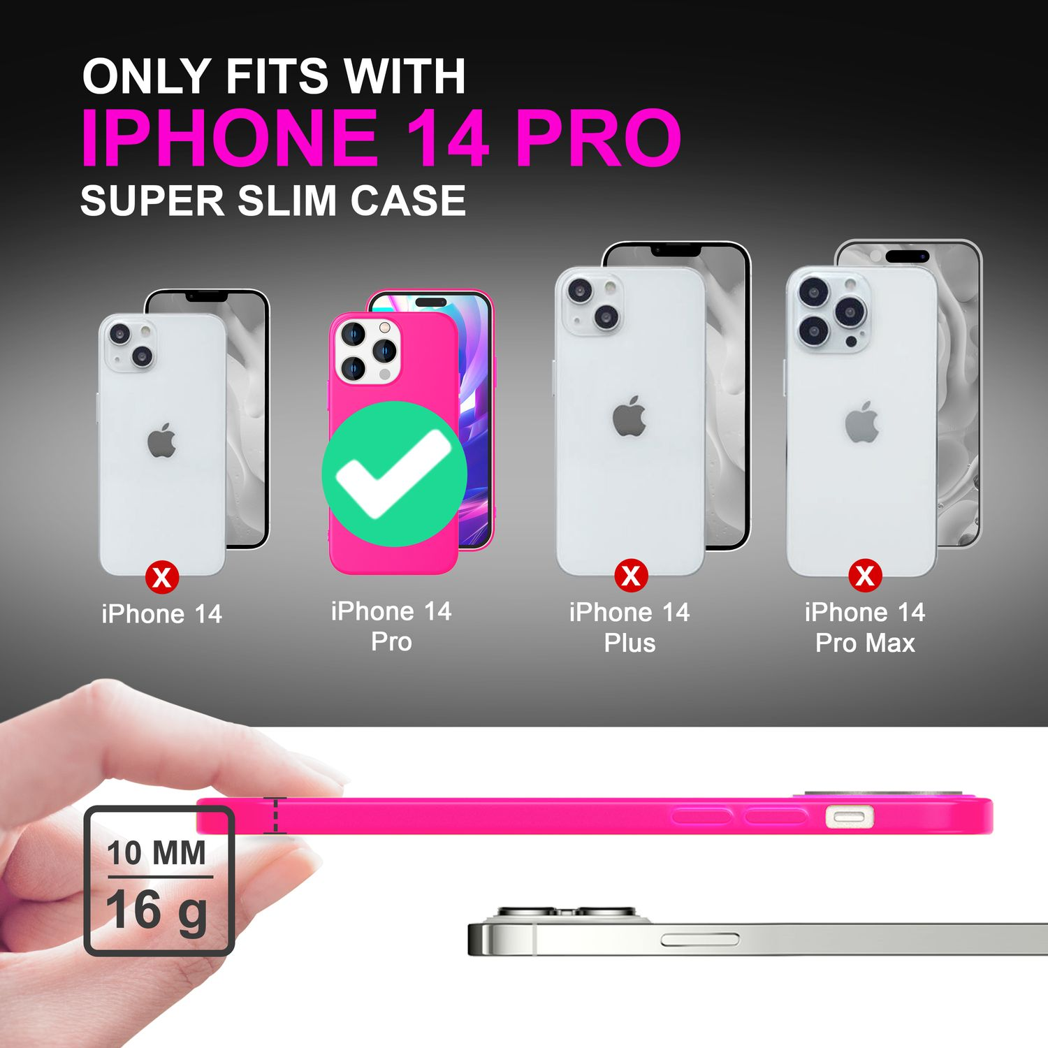 Pinkes iPhone 14 Pro Case mit grünem Haken, neben anderen iPhone-Modellen.