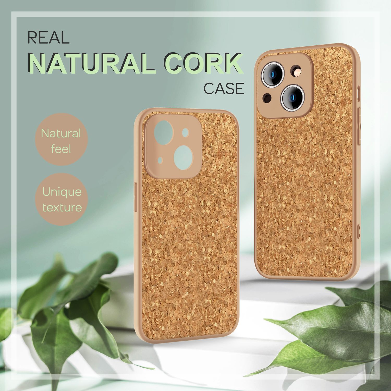Dos fundas de teléfono hechas de corcho. Son marrón claro con una textura única.
