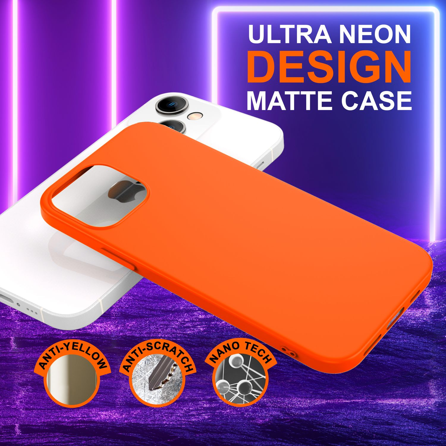 Custodia arancione per telefono su un telefono bianco. Testo: ULTRA NEON DESIGN, MATTE CASE. Sfondo viola e blu.