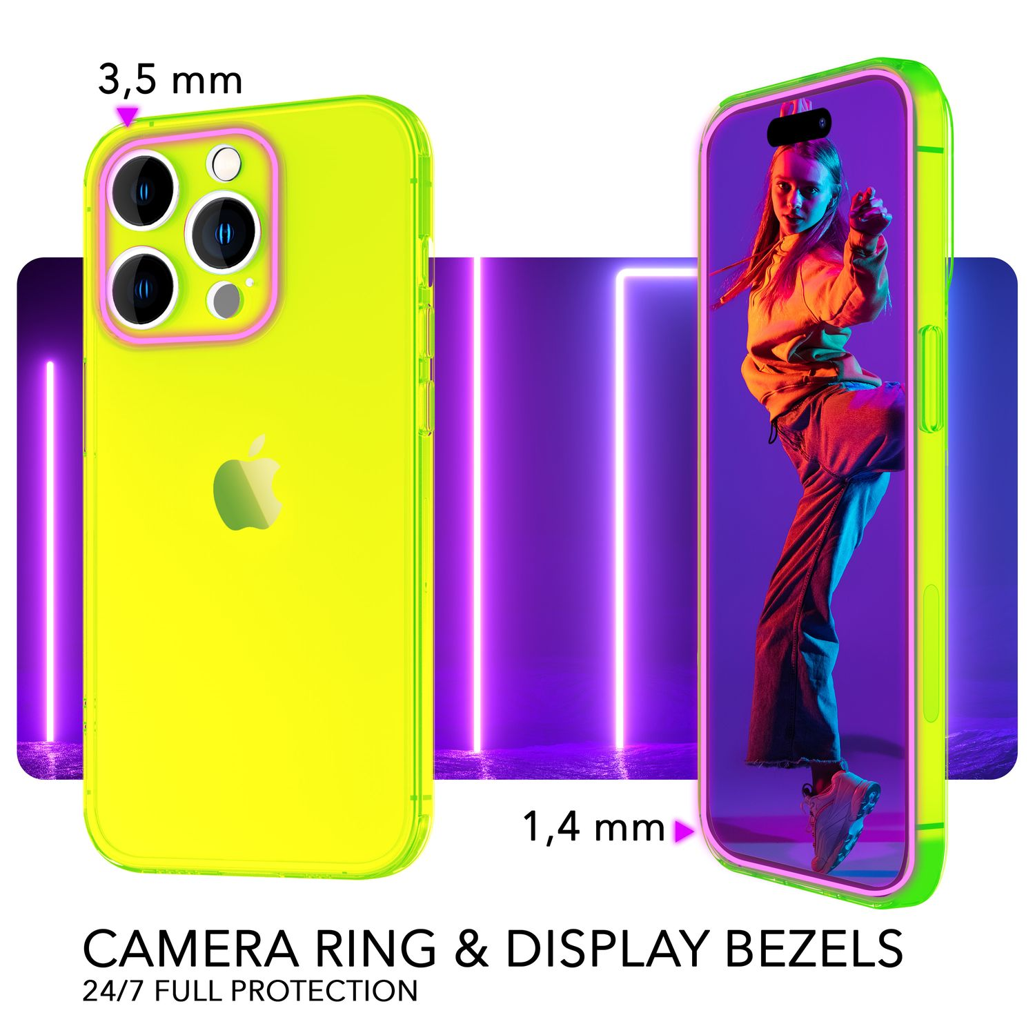 Zwei Handyhüllen, neongrün und transparent, zeigen ein Model und ein Telefon mit Maßen.