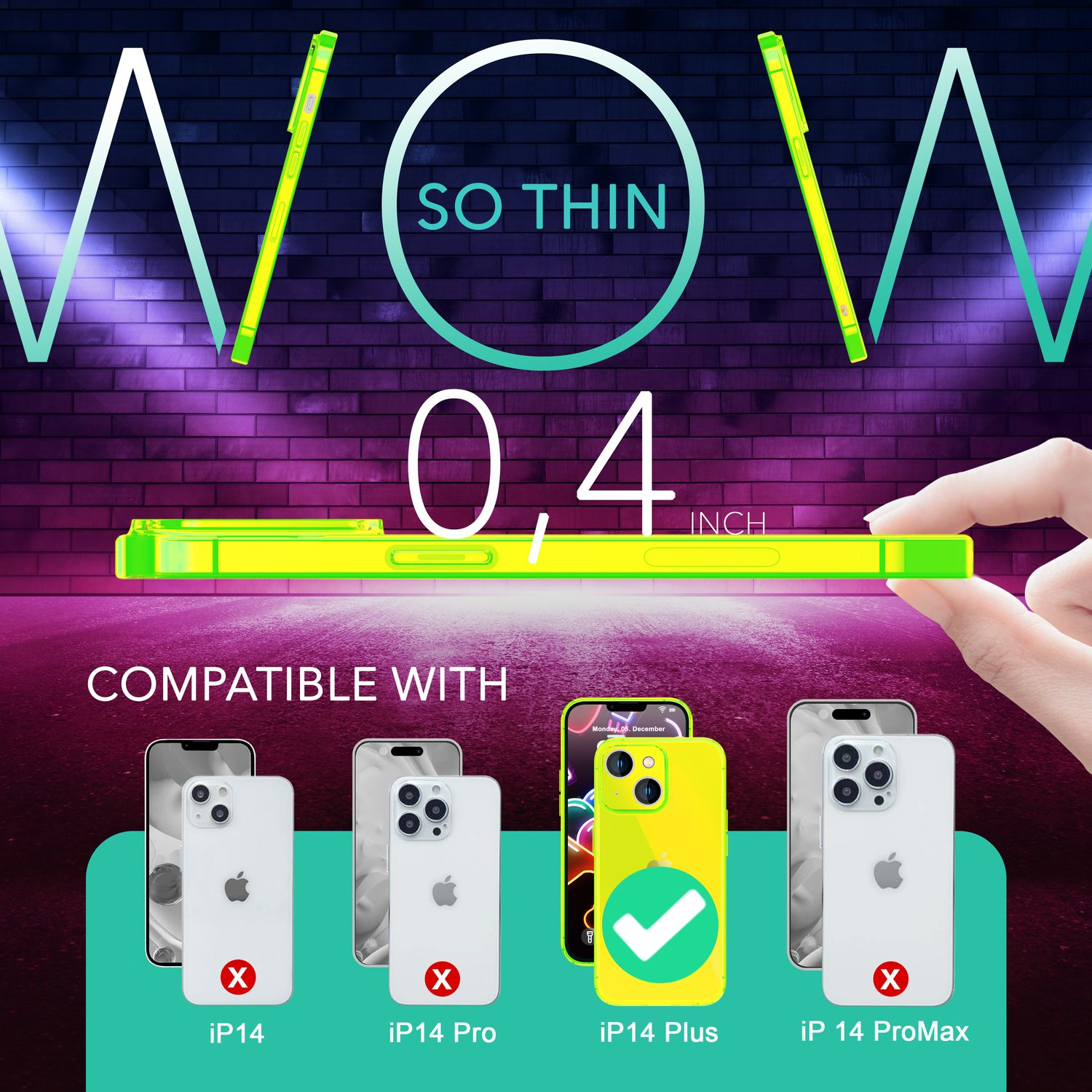 Funda de teléfono verde neón sobre fondo blanco. Compatible con iPhone 14 y variantes.