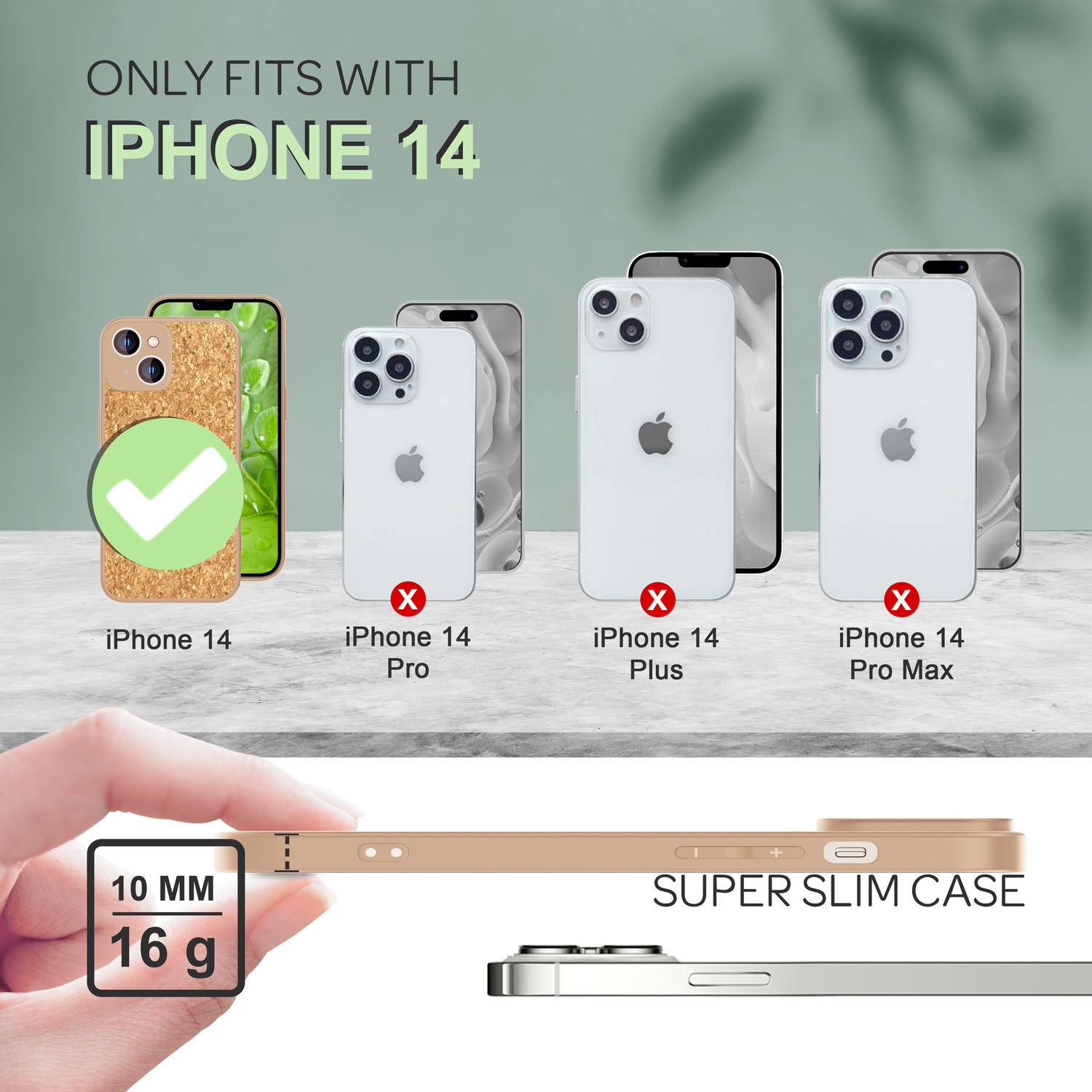 La imagen muestra varios modelos de iPhone con una funda que solo se ajusta al iPhone 14. Se muestran las dimensiones y el peso.